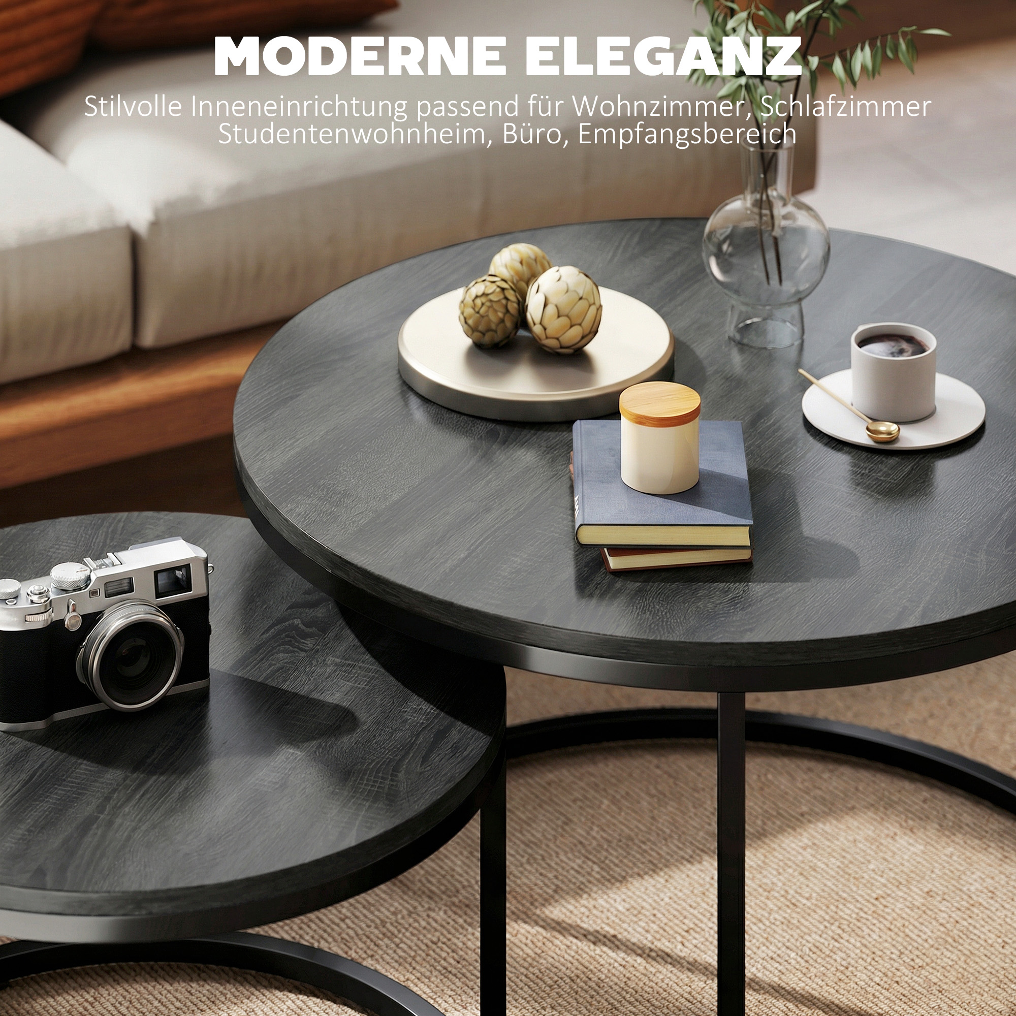 Modernes Kaffeetisch 2er-Set, Stapelbare Beistelltische mit Metallgestell für Wohnzimmer, Schlafzimmer, Büro, Schwarz
