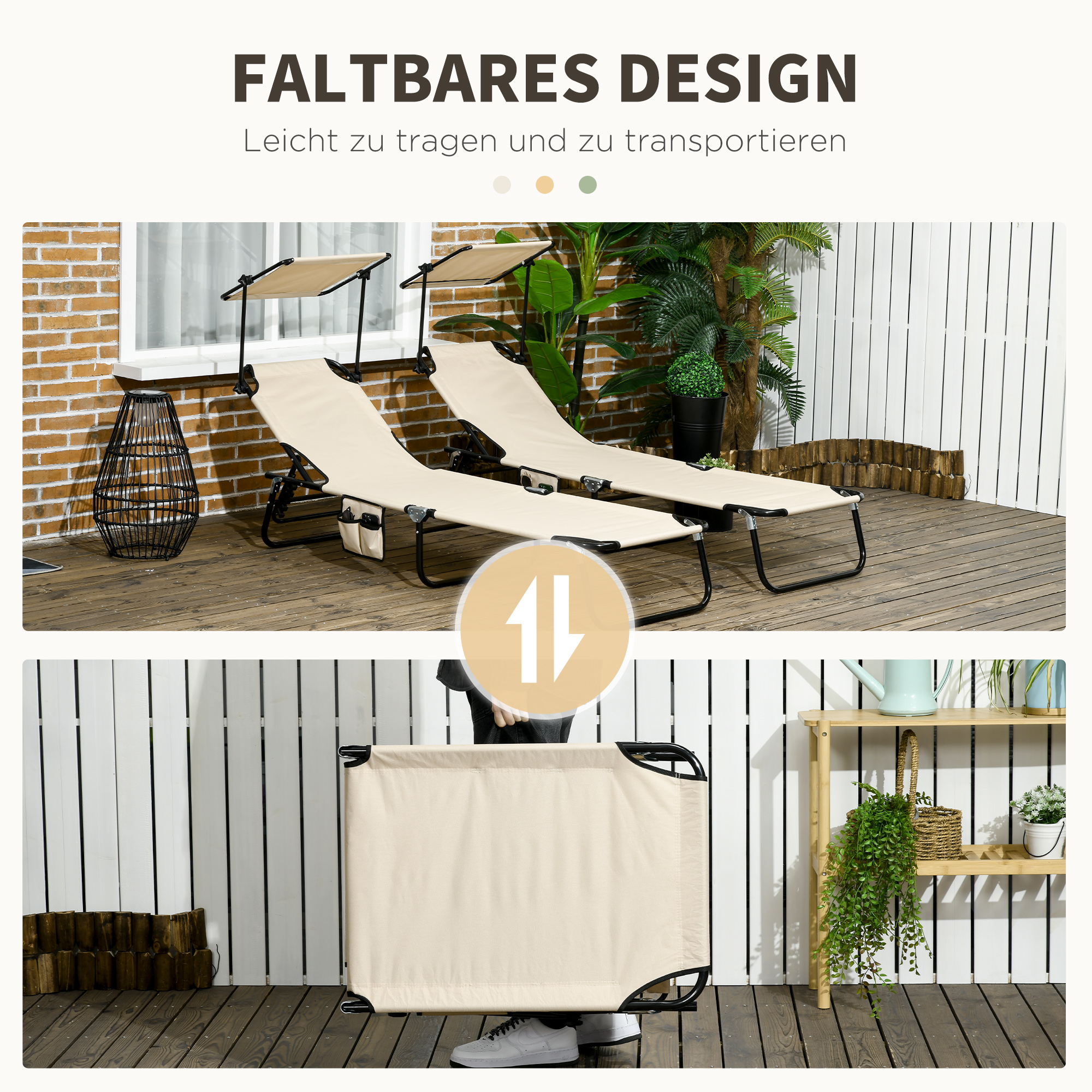 2er Set Sonnenliege klappbar Gartenliege mit Sonnendach 5-Fach höhenverstellbarer Rückenlehne Braun