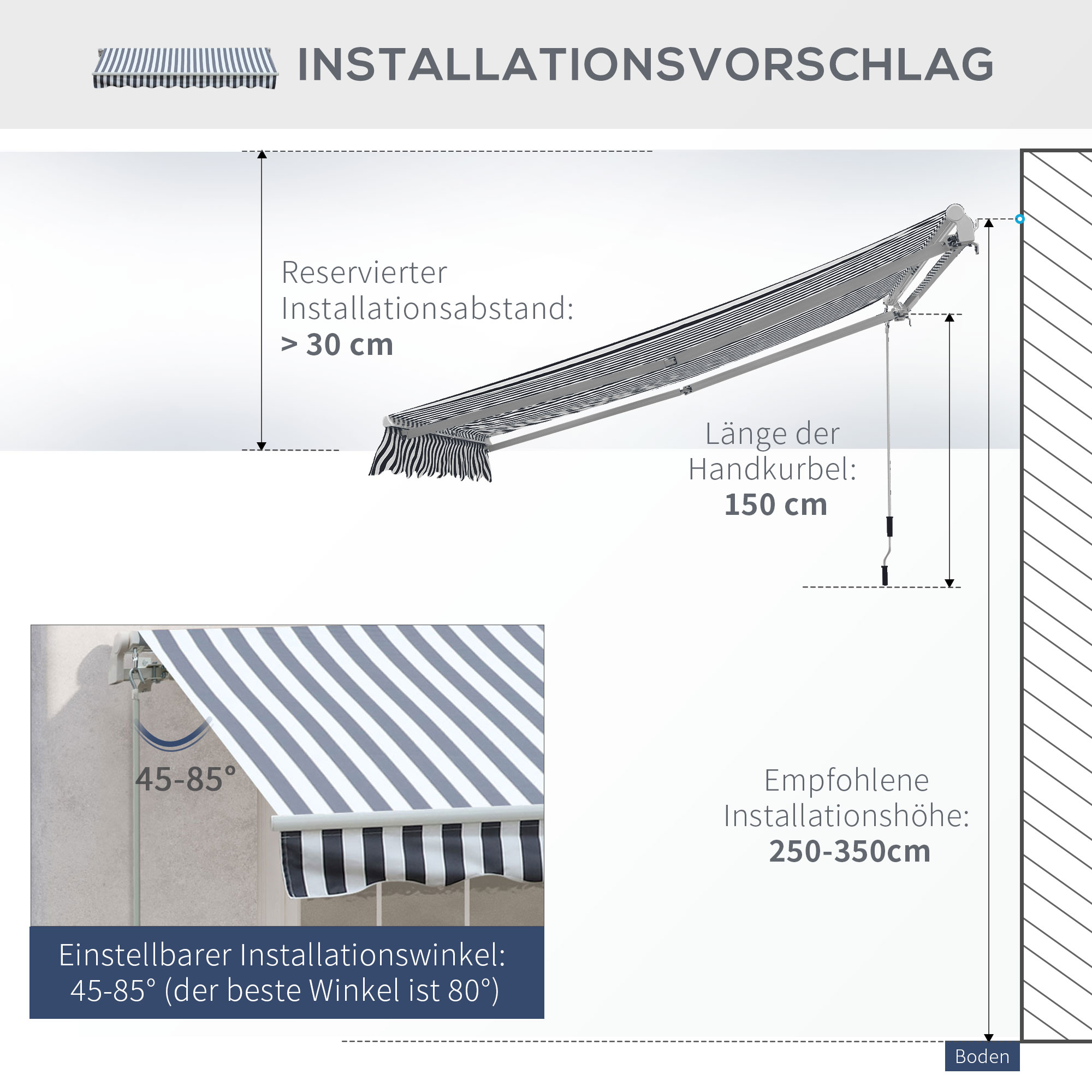 Markise Gelenkarmmarkise Sonnenschutz Handkurbel Balkon Alu Grau Weiß 2,95 x 2,45 m