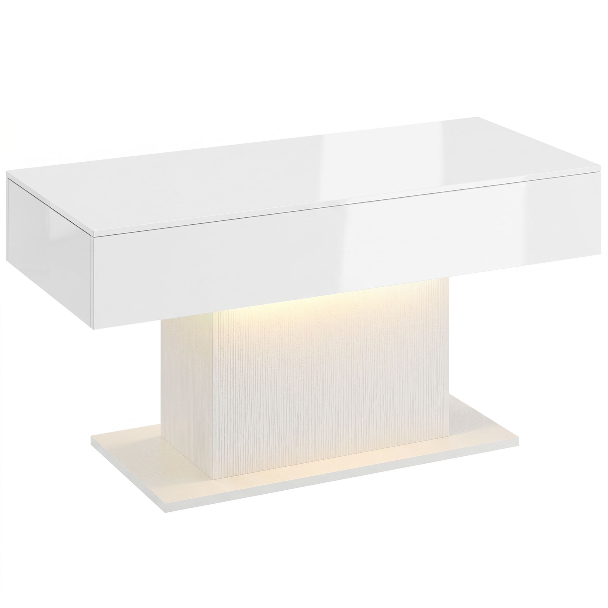 LED Couchtisch mit Stauraum, Hochglanz, Modern, 2 Schubladen & Fernbedienung, Weiß