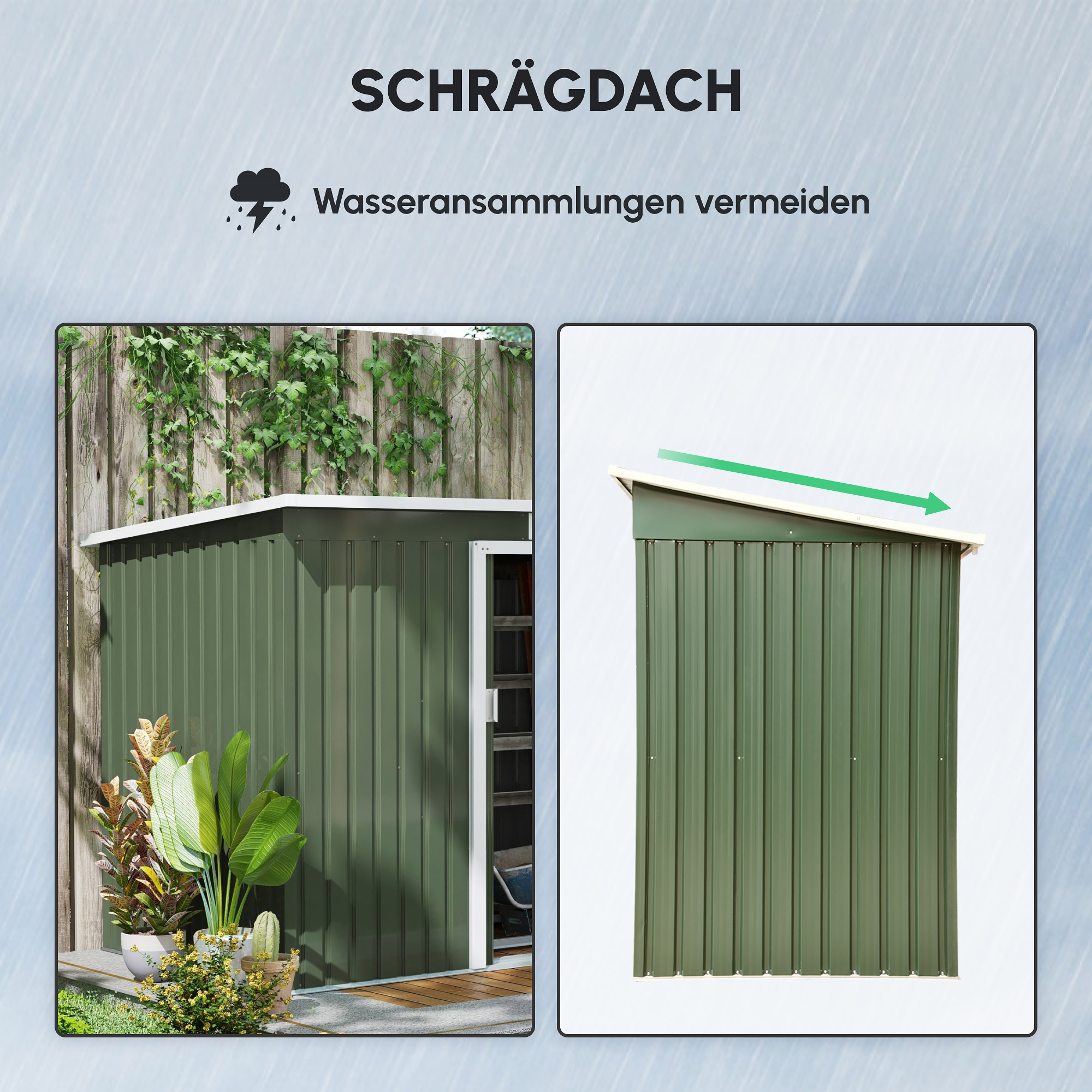 Metall Gerätehaus 6,3m³ 280x130x172cm Geräteschuppen mit Pultdach Schiebetür wetterfest Gartenhaus Outdoor Garten Schuppen Schrank für Hinterhof Außenbereich Anthrazit, Hellgrün