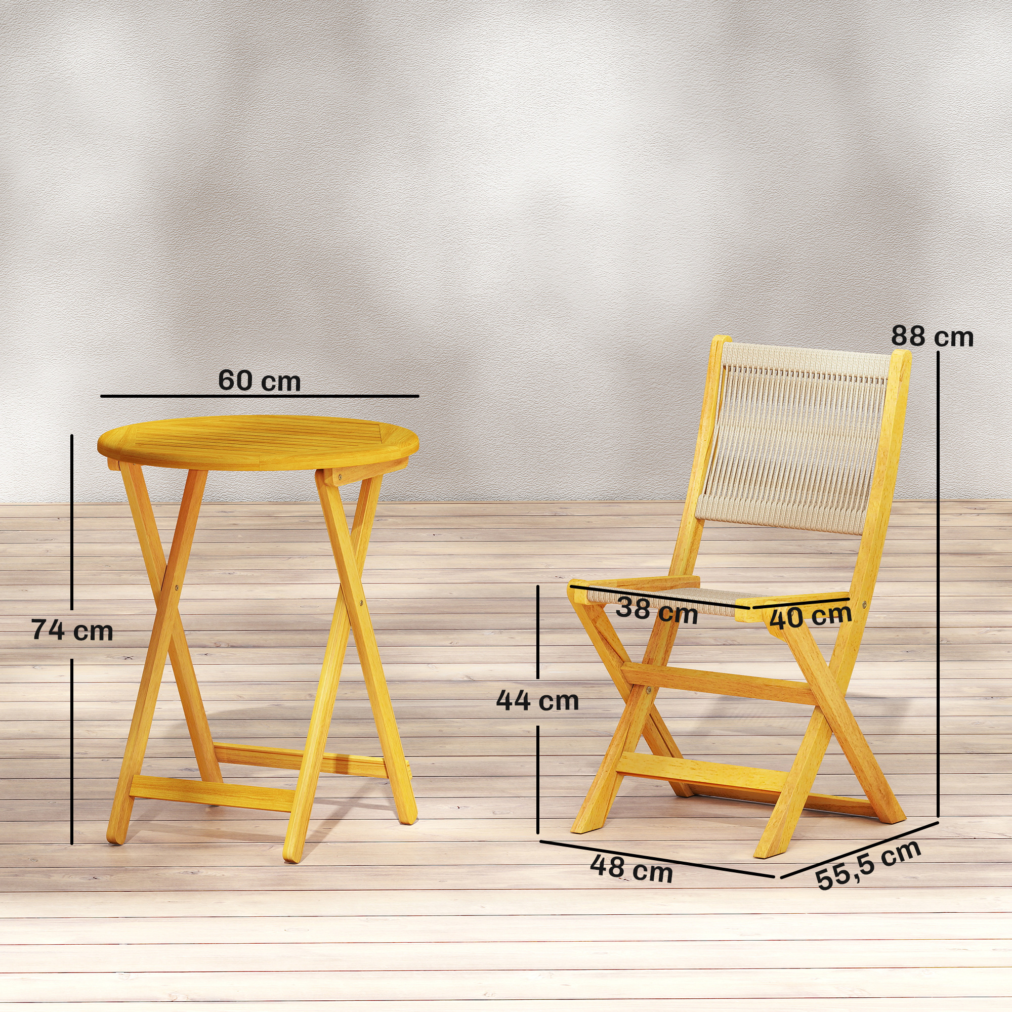 Balkonmöbel Set 3 teilig Polyrattan Holz klappbar Gartenmöbel Set mit Tisch 2 Stühle, Atmungsaktiv