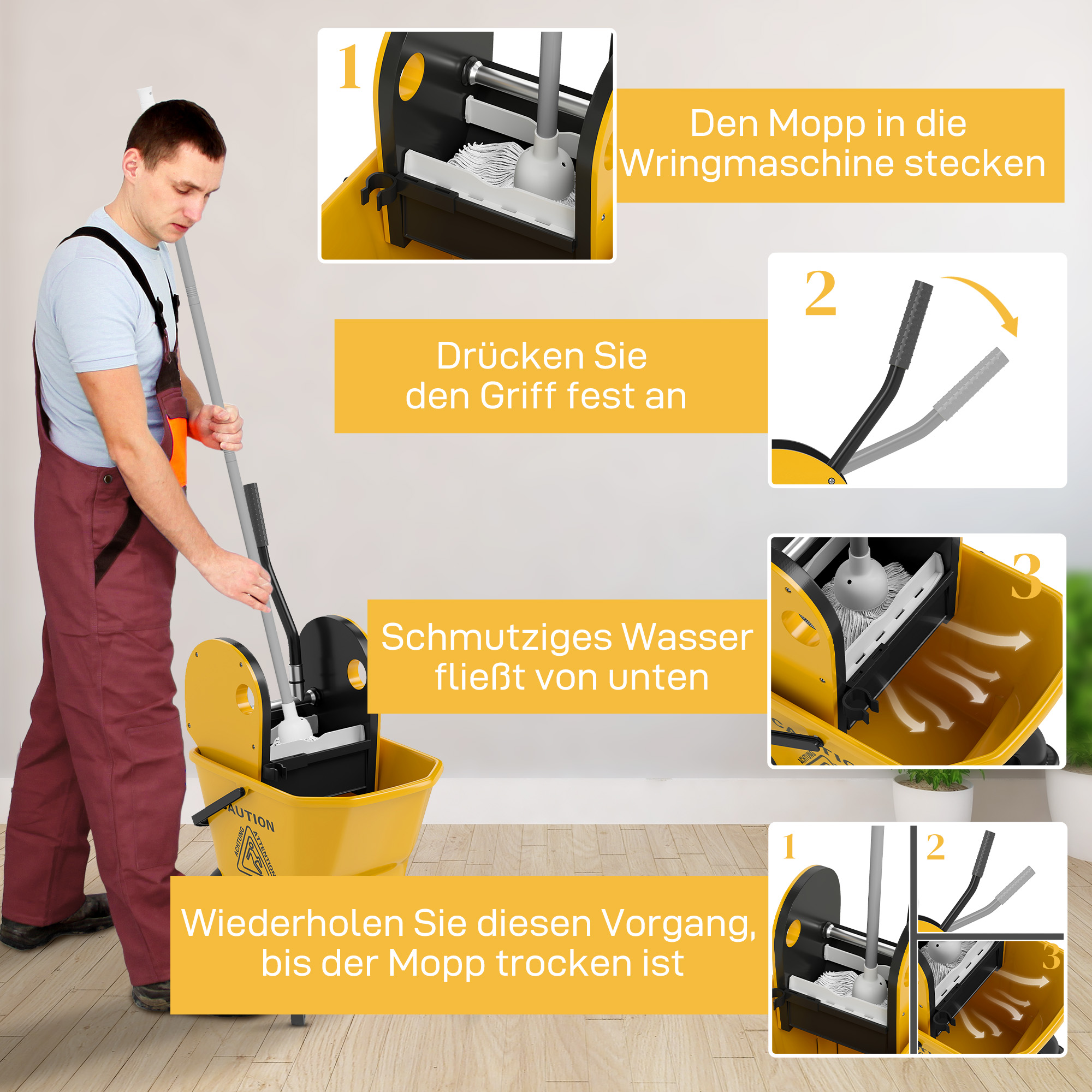Rollbarer Mopp-Eimer, Wischeimer mit Auswringer und Mopp, 26 Liter, Gelb