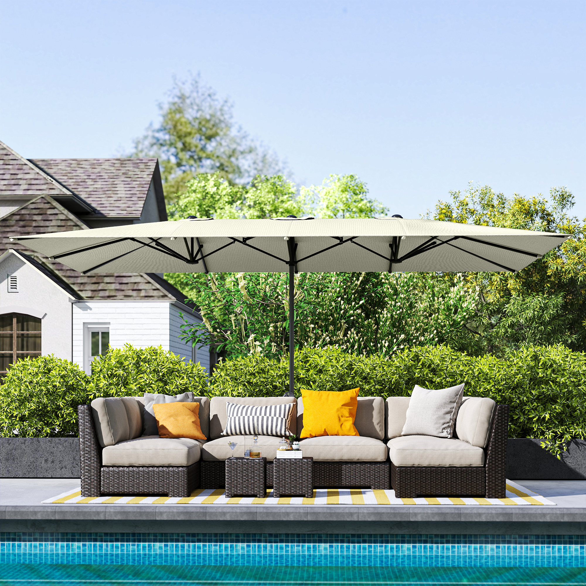 Doppelseitiger Schirm, 451 x 264 cm Sonnenschirm mit Kurbelsystem, 12 Metallstreben, Aluminiummast, Cremeweiß