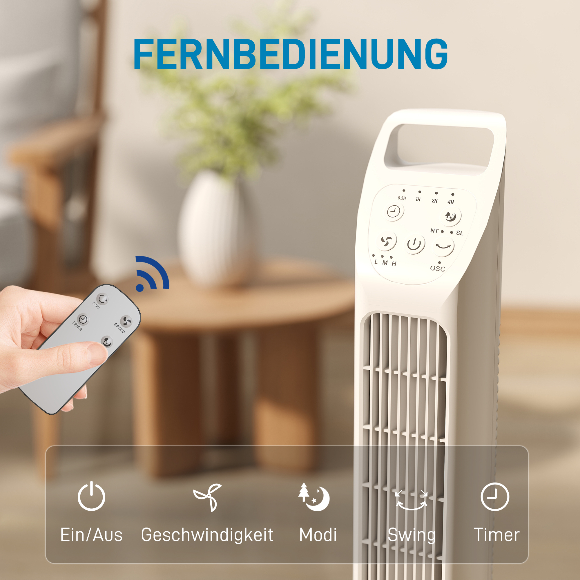 Turmventilator mit Fernbedienung, 7,5-Stunden-Timer, leiser Ventilator für Schlafzimmer, Weiß