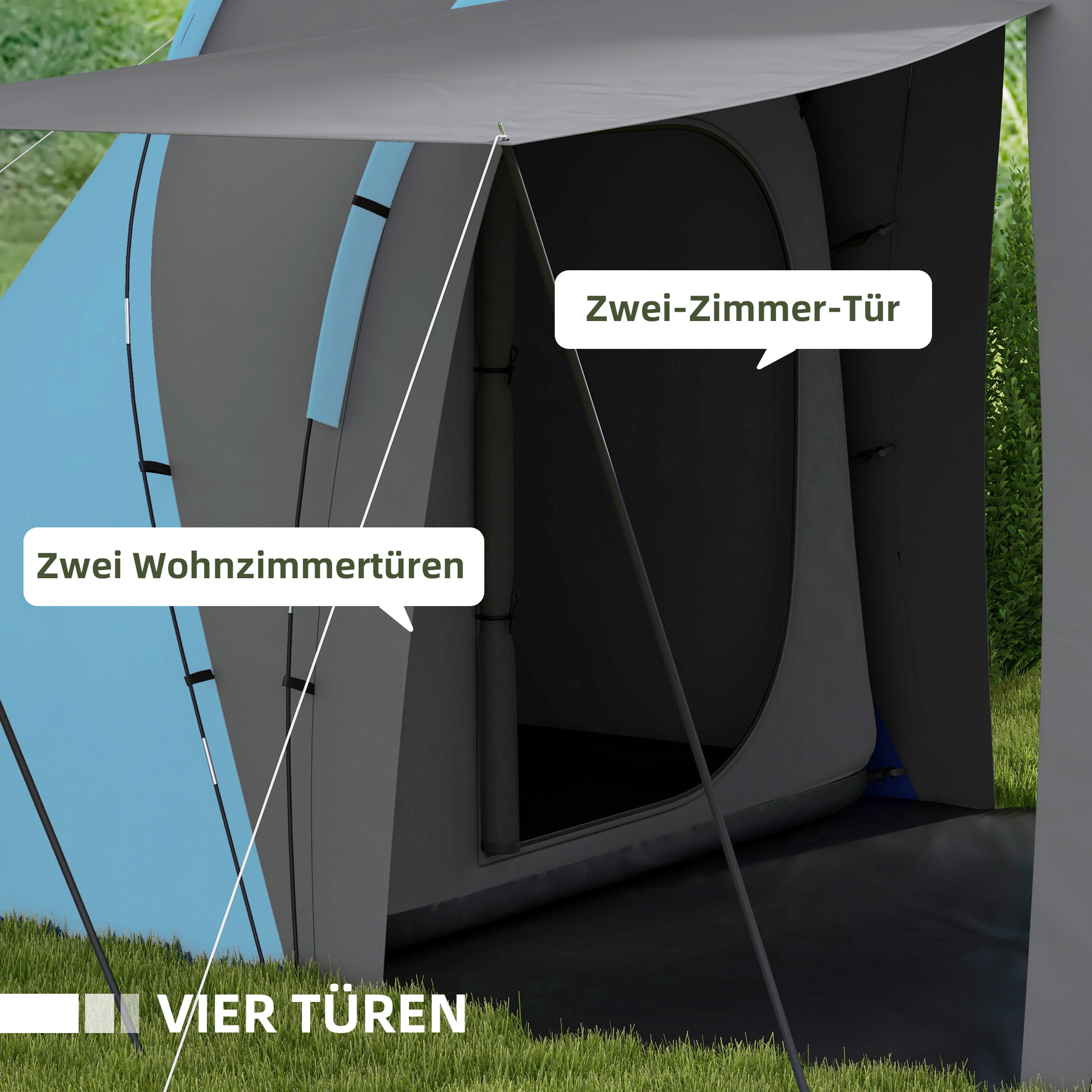 Tunnelzelt, 2000mm Wasserabweisend Campingzelt für 4-6 Personen, mit 2 Schlafzimmern Wohnbereich Tragetasche Grau+Blau