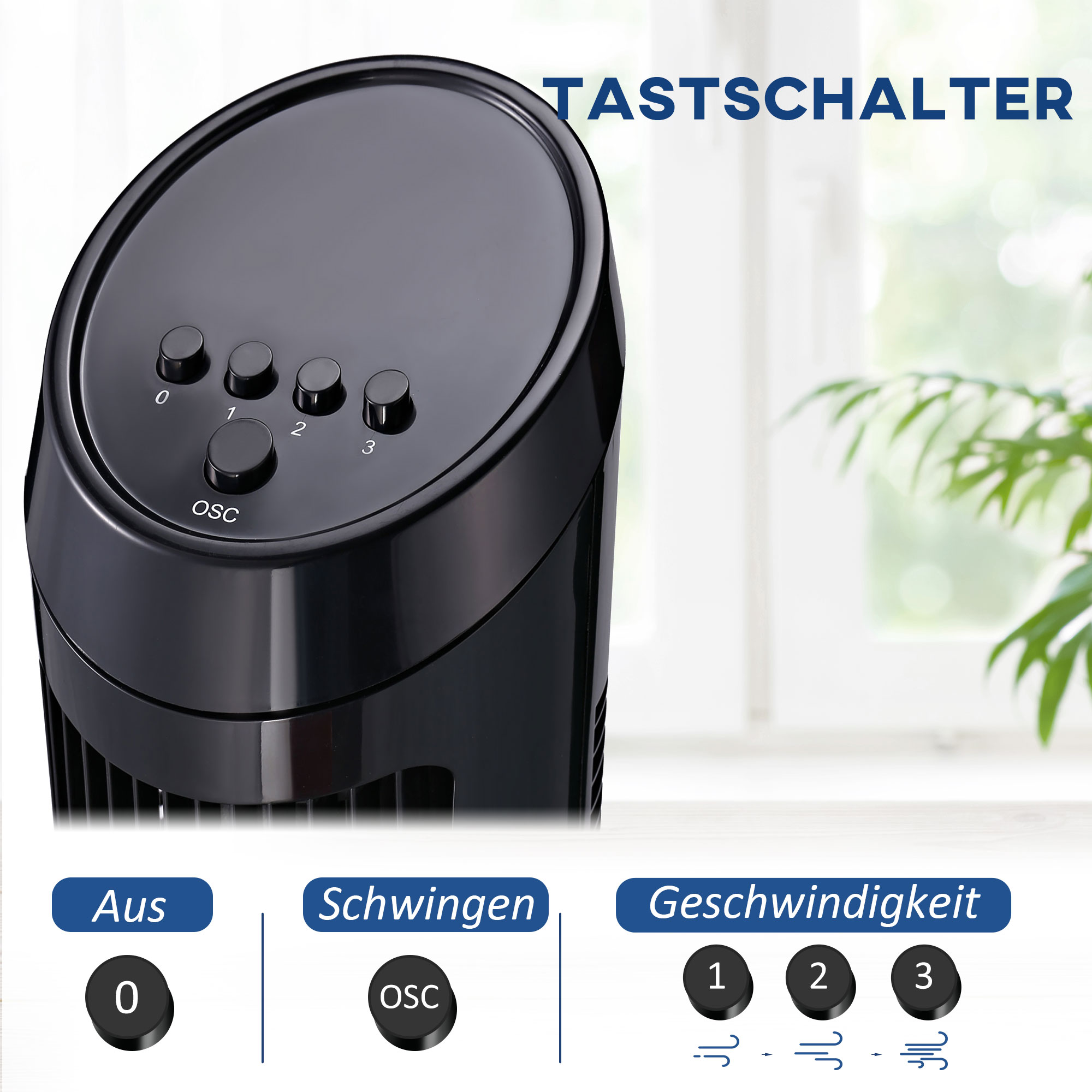Standventilator 45 W Turmventilator Ventilator leise 3 Belüftungsstufen, 70° Oszillation, ABS, Schwarz, Ø27 x H75 cm