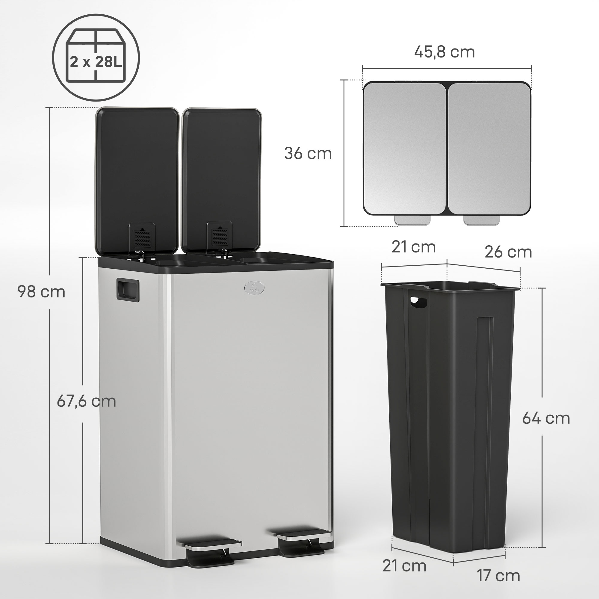 2 x 28 L Doppelmülleimer, Pedalöffnung, leicht zu reinigen, Edelstahl, Kunststoff, Silber