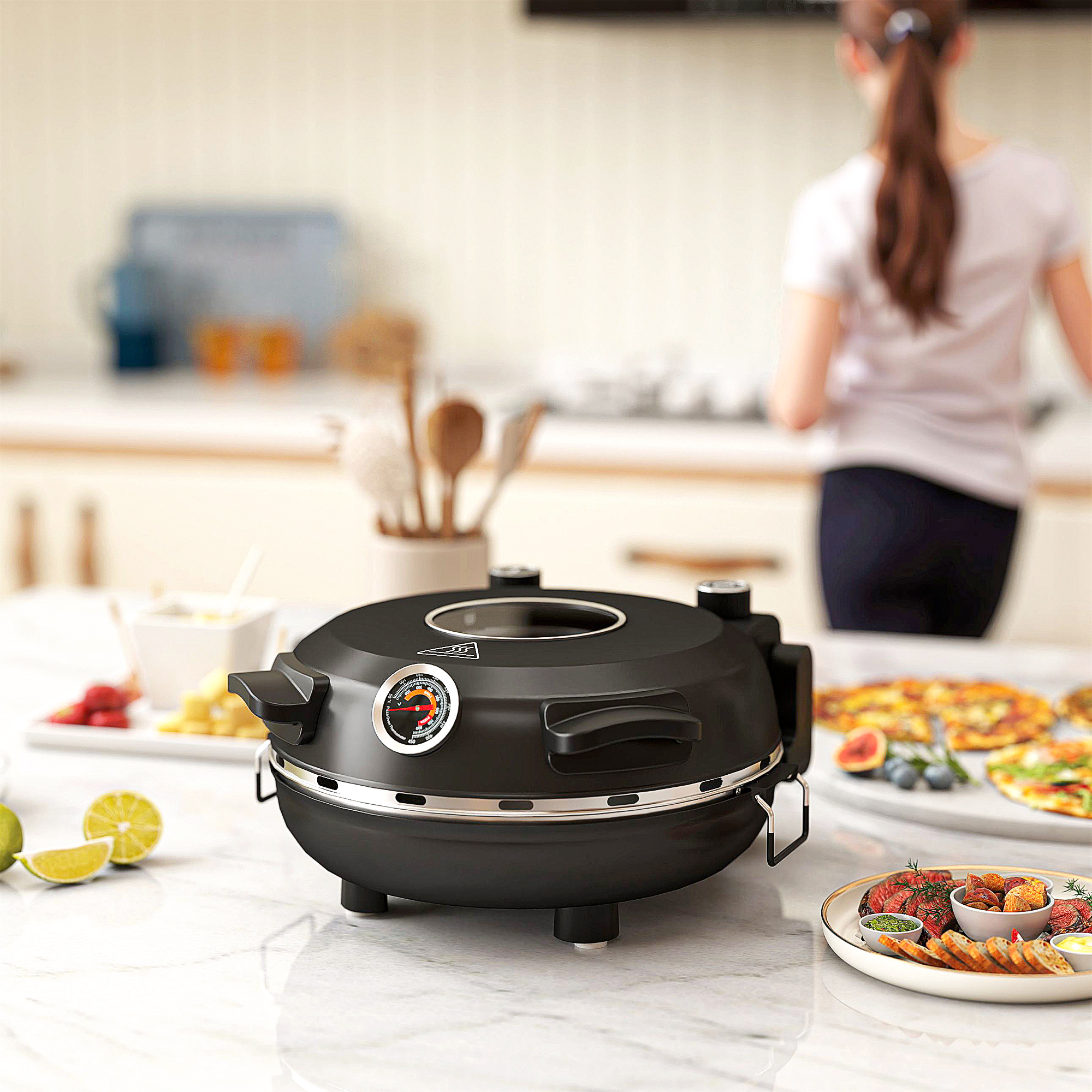 Pizzaofen elektrisch 430 ?, 1200 Watt Pizzabäcker mit 30cm Steinplatte Timer Sichtfenster Edelstahl Schwarz