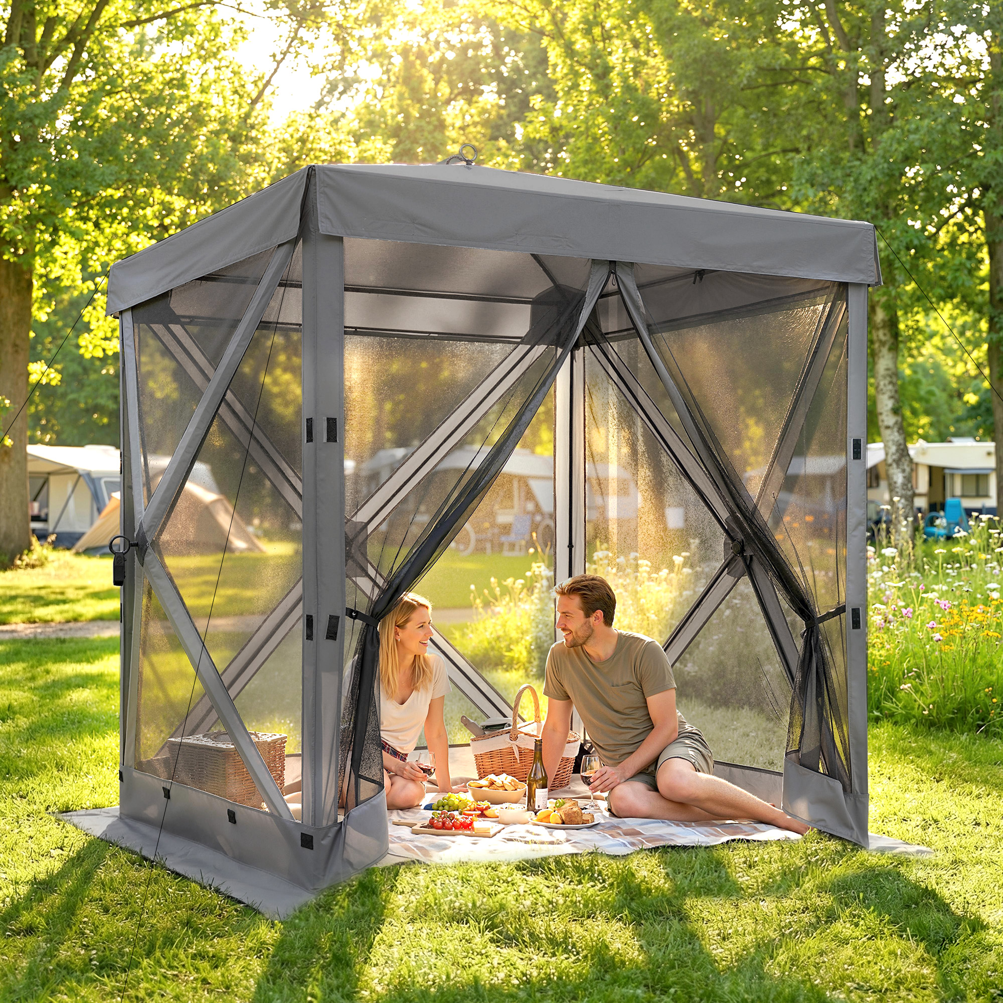 Pavillon 1,85x1,85m Wasserdicht Stabil Winterfest Pop-up Faltpavillon mit 4 Mesh-Seitenteilen Tasche, UV 30+