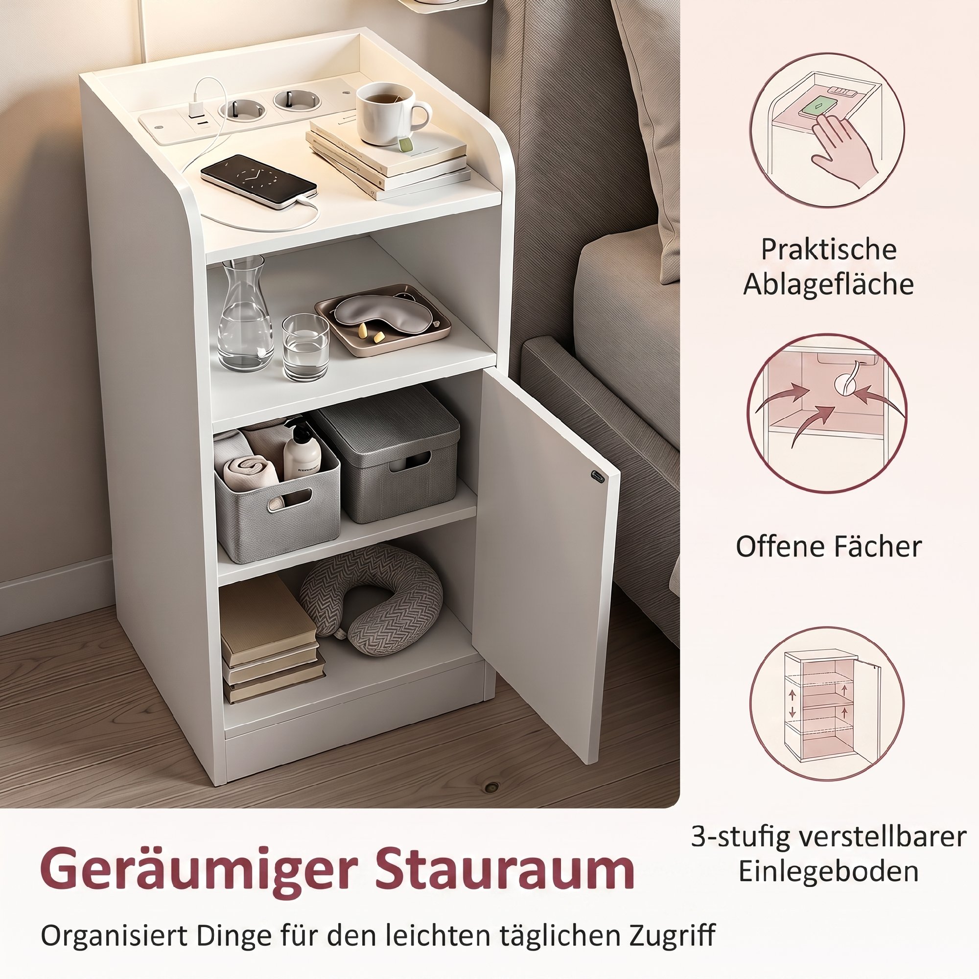 Nachttisch 2er-Set mit Ladestation, Schmaler Nachtschrank mit offenem Fach, verstellbarem Einlegeboden für Schlafzimmer