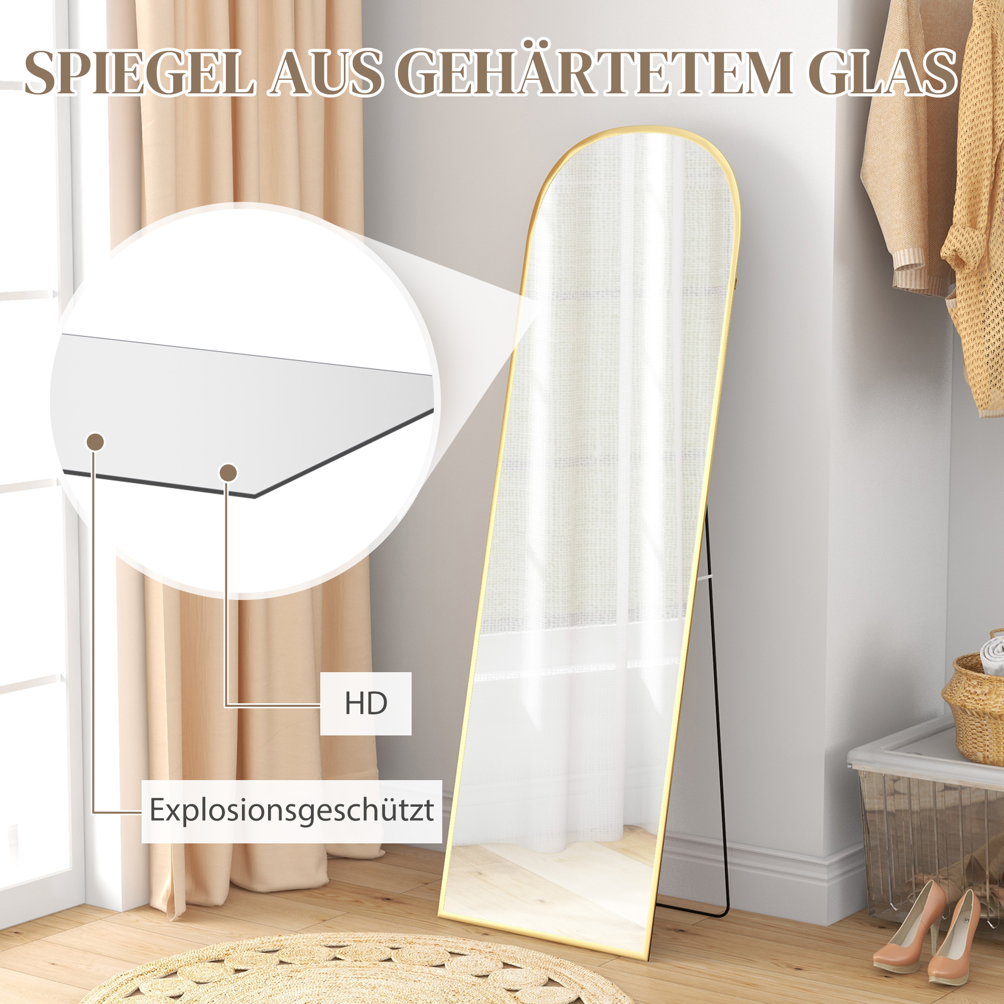 Standspiegel Ganzkörperspiegel großer Spiegel, modernes Design, 50 cm x 1,5 cm x 161,5 cm, Gold