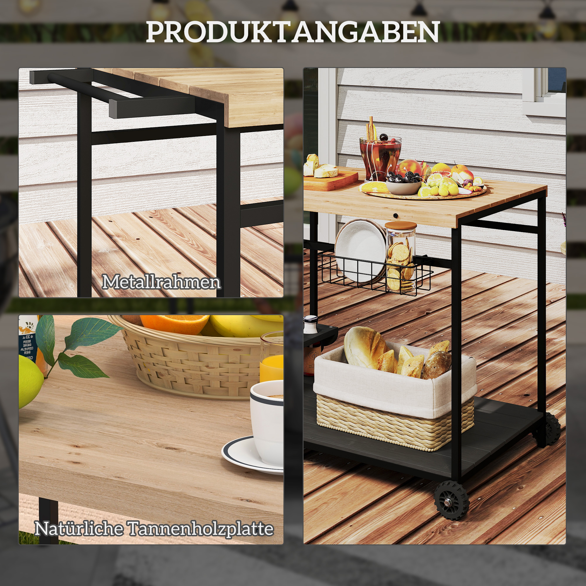Servierwagen, Küchenwagen, 2 Etagen, 4 Flaschenhalter, In/Outdoor, Natur/Schwarz