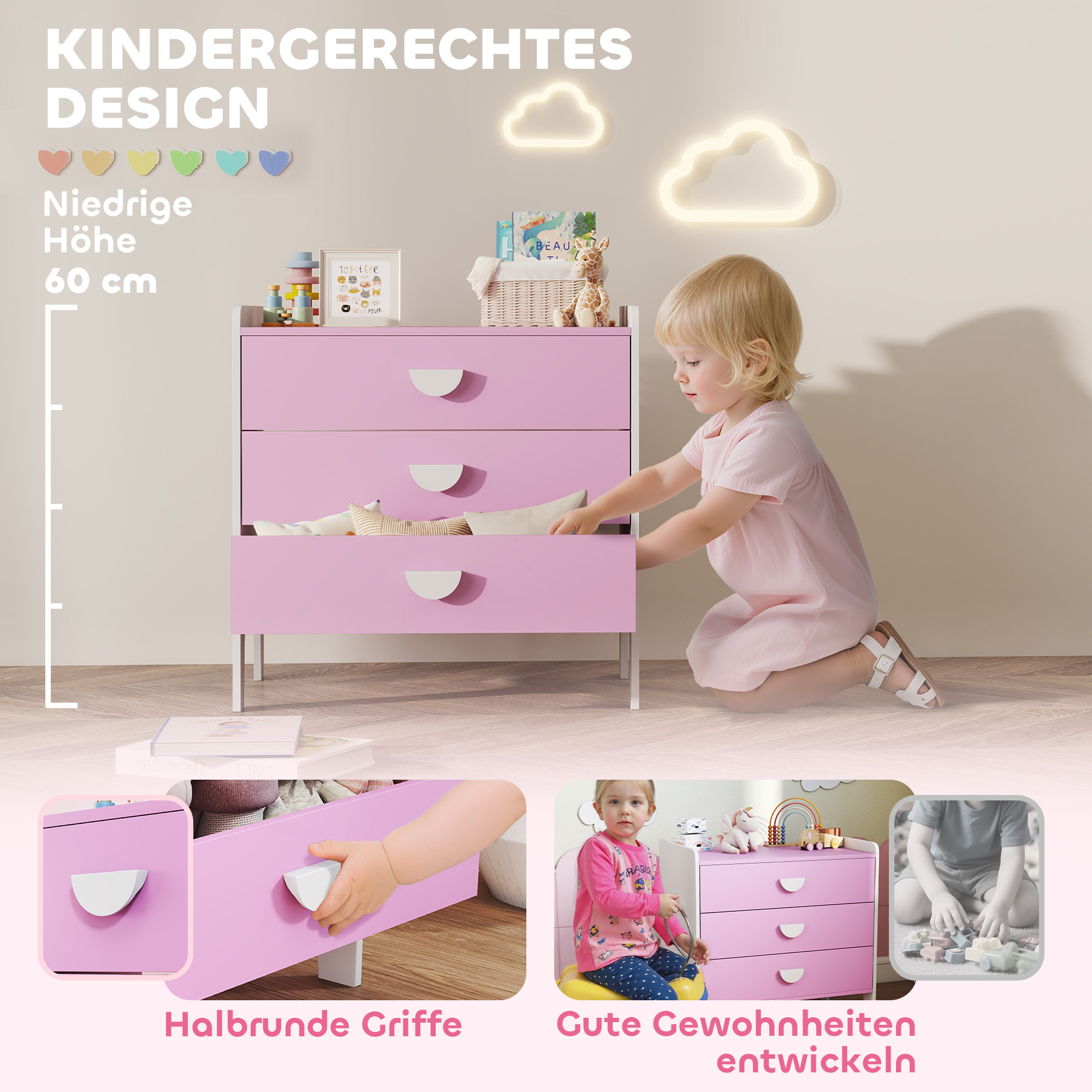 Kinder-Kommode mit 3 Schubladen, MDF, Aufbewahrungsschrank für Kinder, Rosa+Weiß