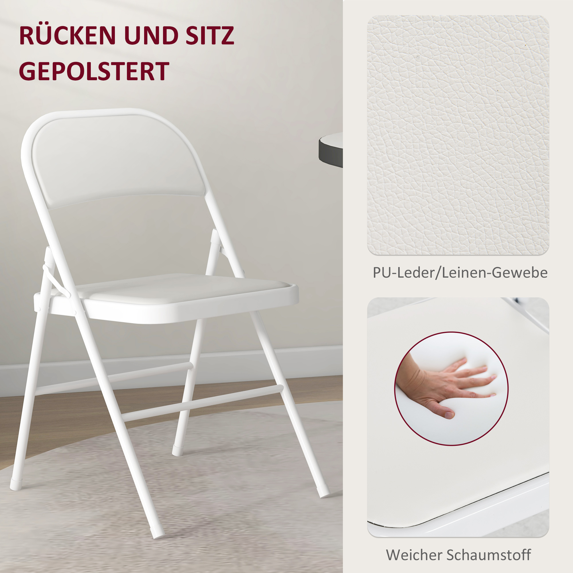 2er-Set Klappstühle, Tragbare Bürostühle, Metallbeine, Faltstuhl für Büro, Empfang, Wartezimmer, Kunstleder, Weiß