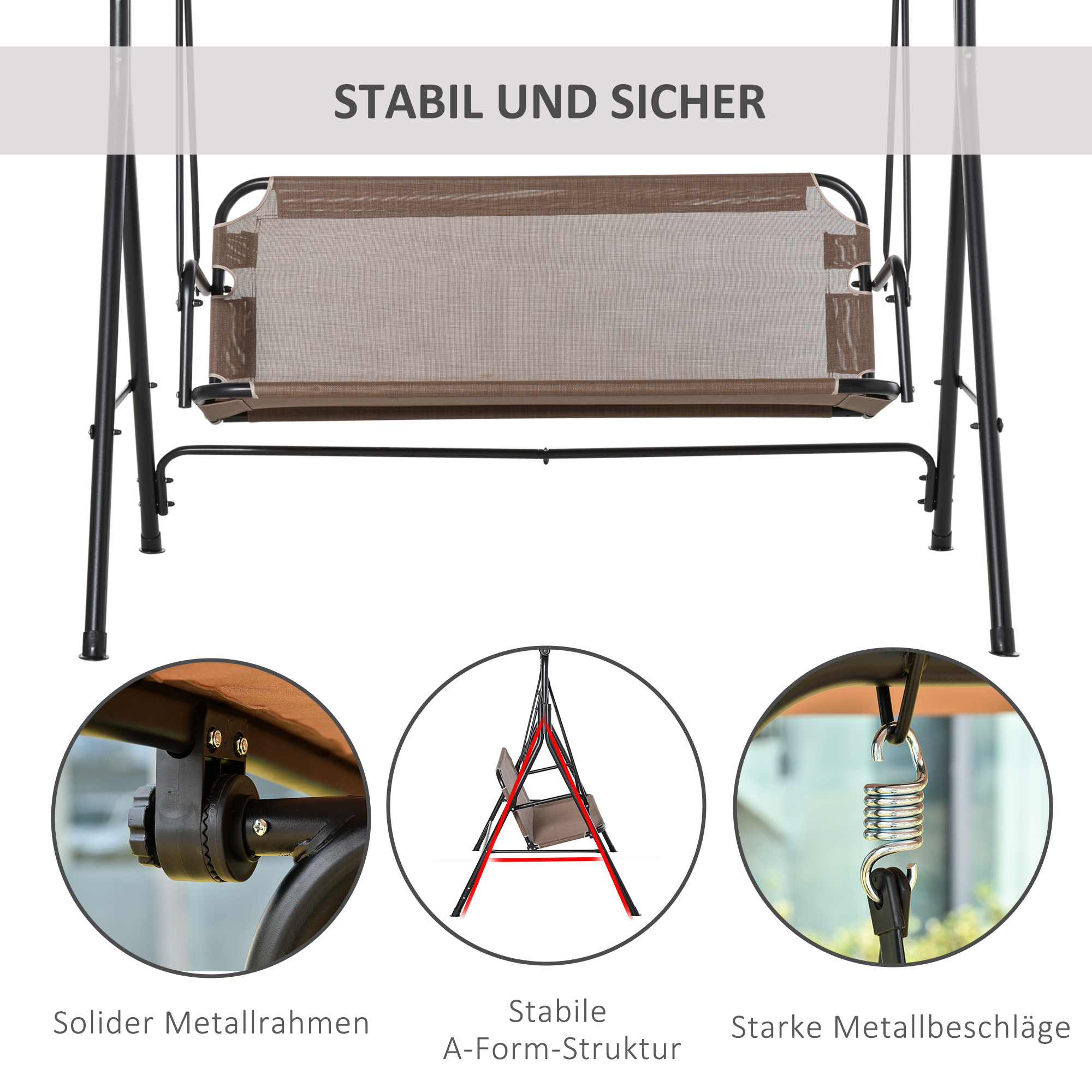 2-Sitzer Hollywoodschaukel Outdoor Gartenliege UV-beständig Hochwertiges Metallrohr winkeleinstellbar Braun