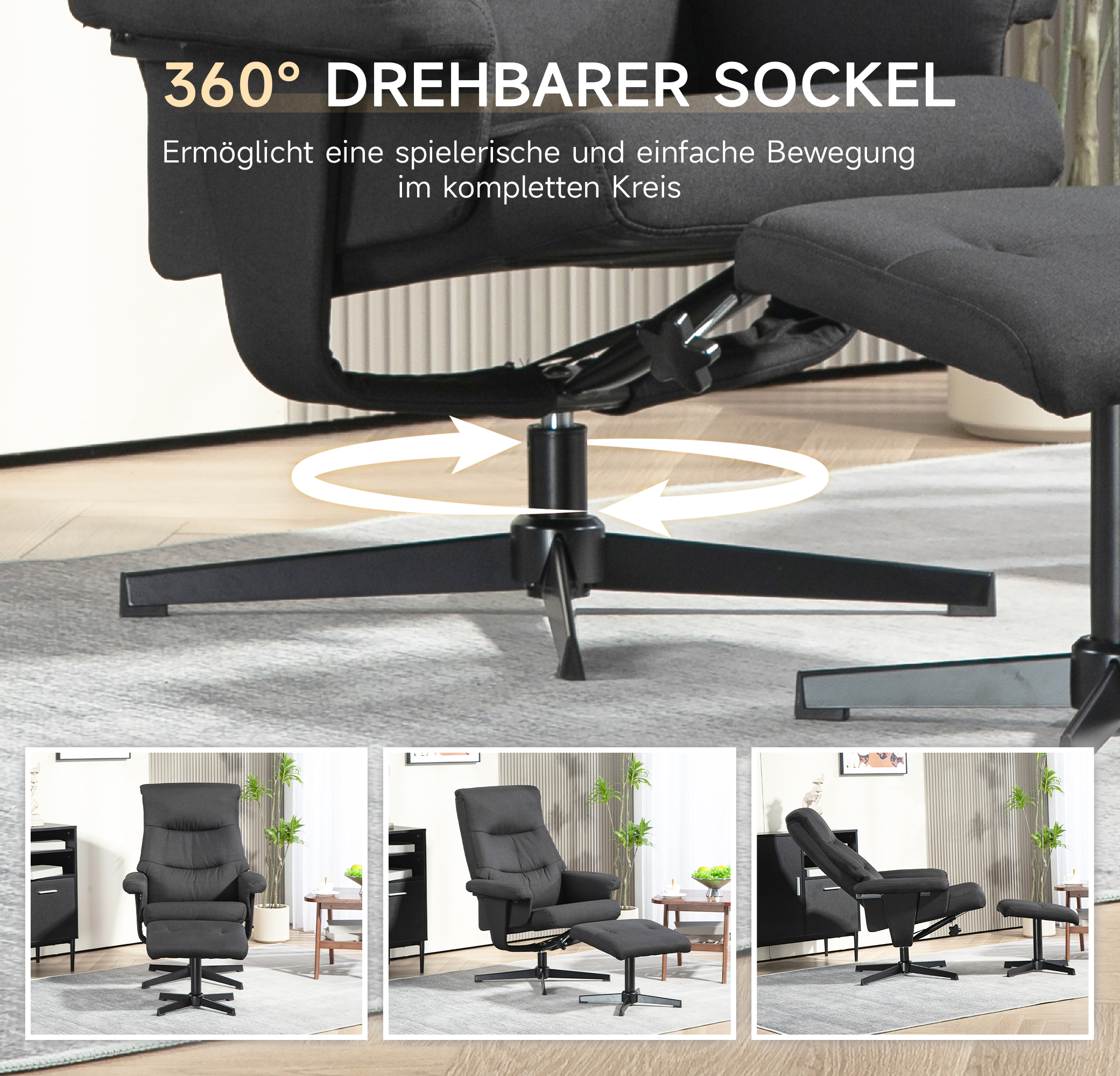 Liegesessel mit Hocker, drehbar, Wippfunktion, Samtoptik, bis 150 kg, Schwarz