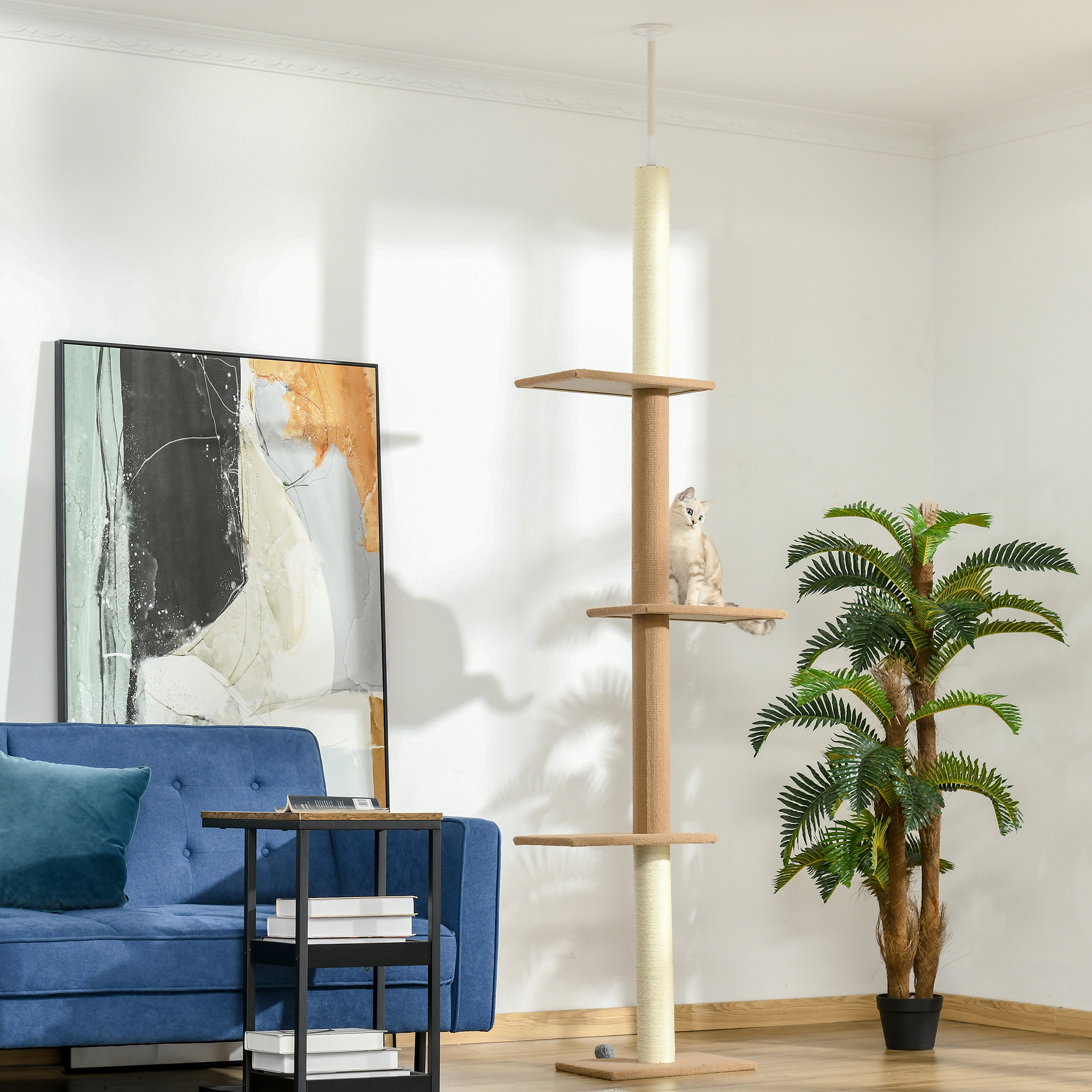 Kratzbaum Deckenhoch, 228-260 cm Höhenverstellbarer Katzenbaum Kletterbaum für Katzen mit 3 Ebenen, Katzenkratzbaum, Spielbaum vom Boden bis zur Decke Khaki