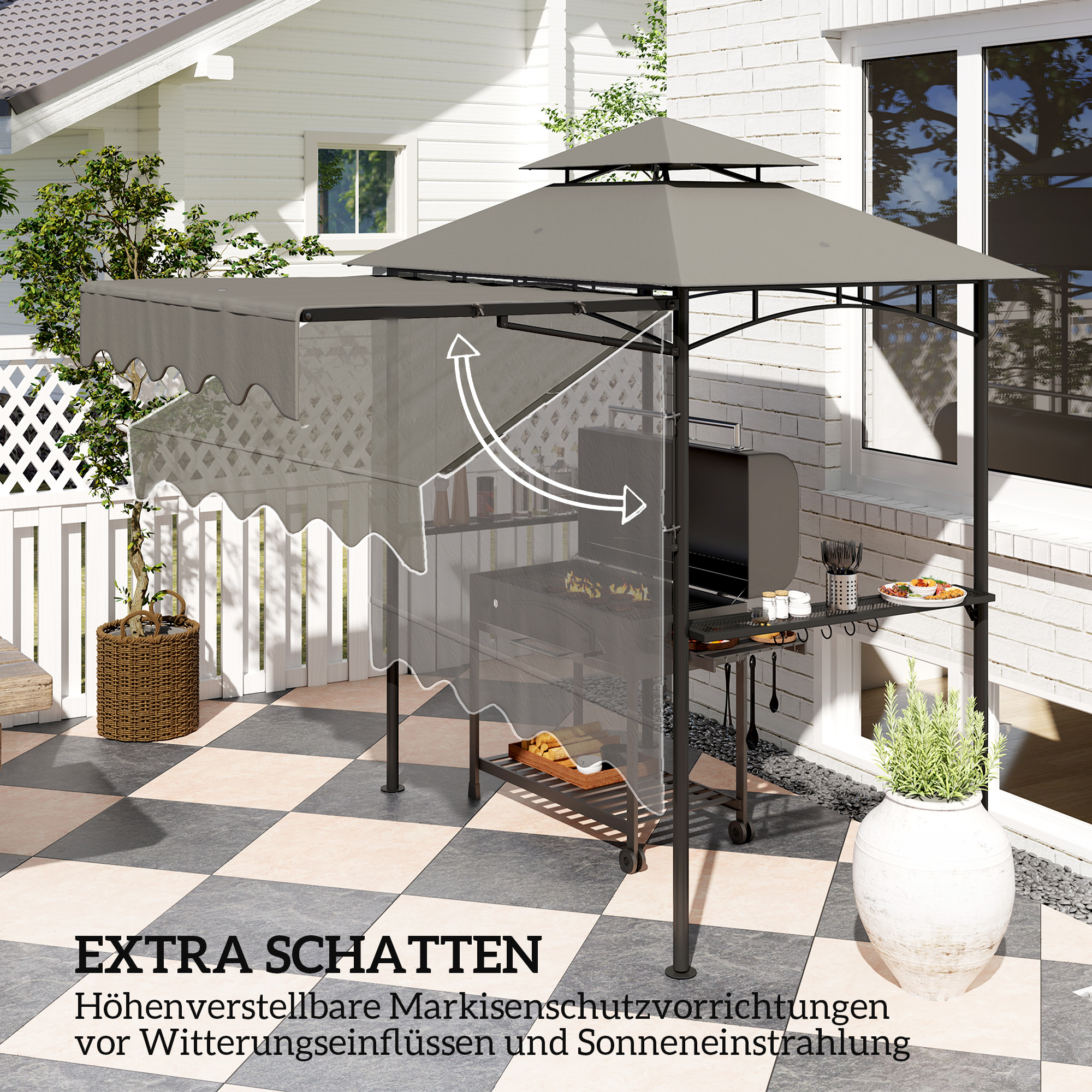 Grillpavillon 242x149x248 cm wasserabweisend flammhemmend Gartenpavillon mit Doppelschichtdach Grau