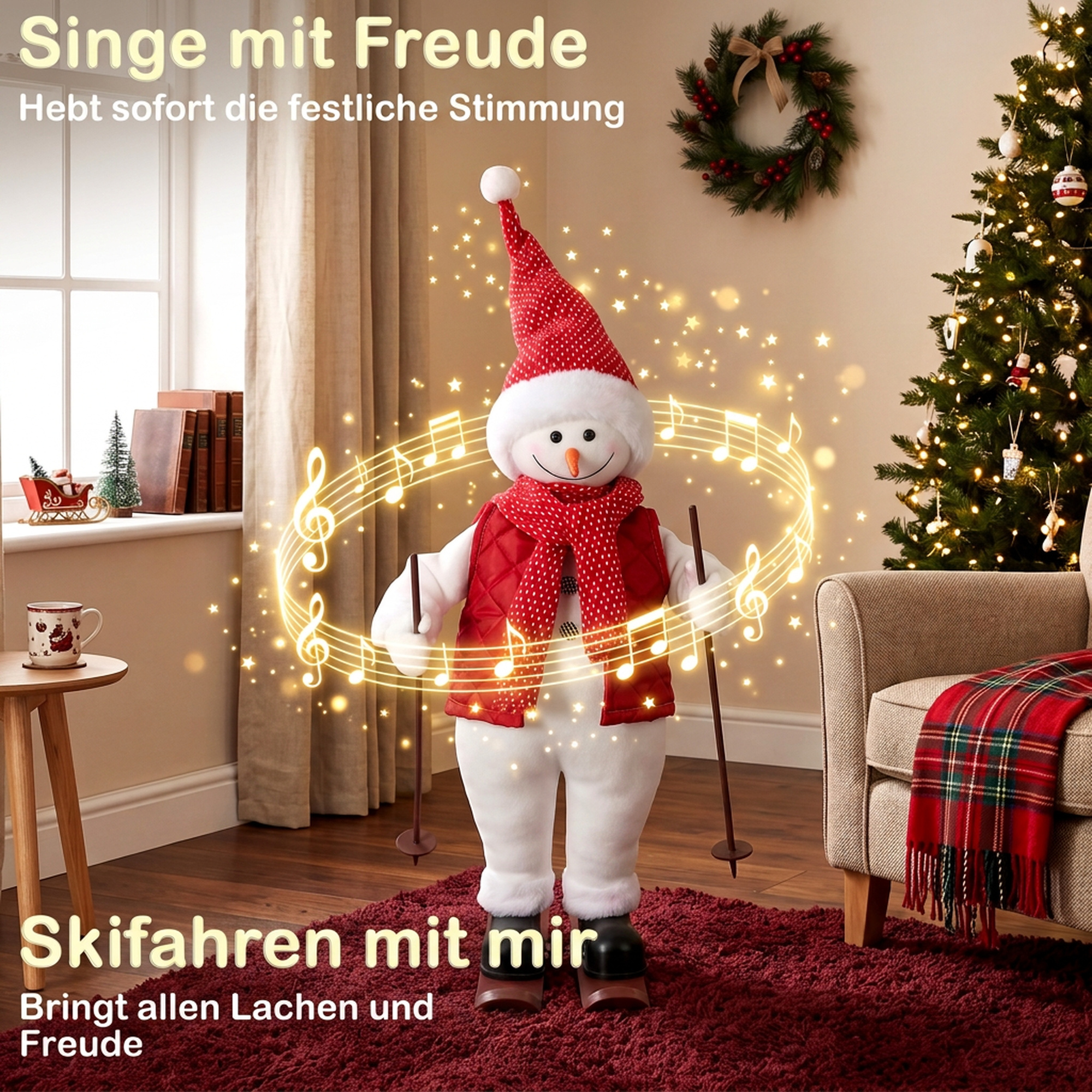 Singender Skifahrer-Weihnachtsmann, 65 cm, animierte Weihnachtsfigur mit Skiern, Stöcken und Sound-/Berührungsaktivierung