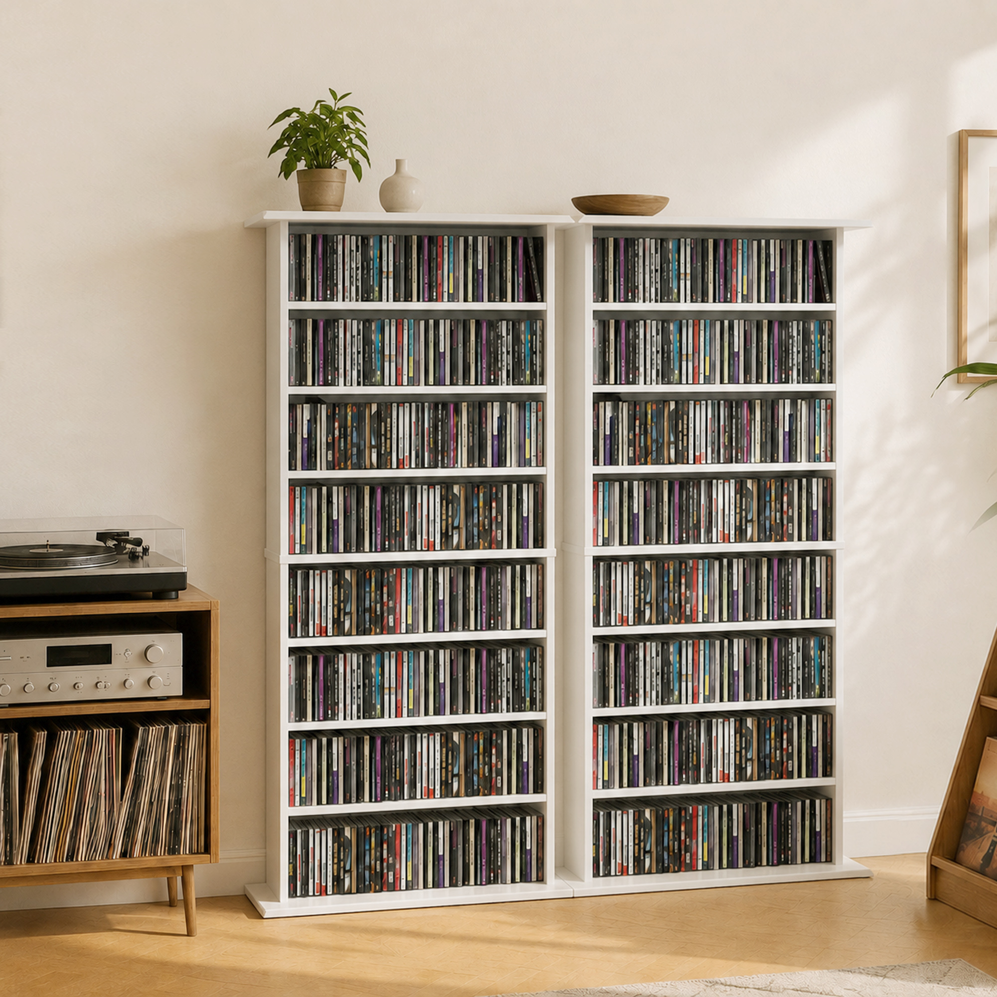 Schmaler Medienschrank, 8 Ebenen, 6 verstellbare Einlegeböden, 8 Fächer, für 360 CDs, Weiß