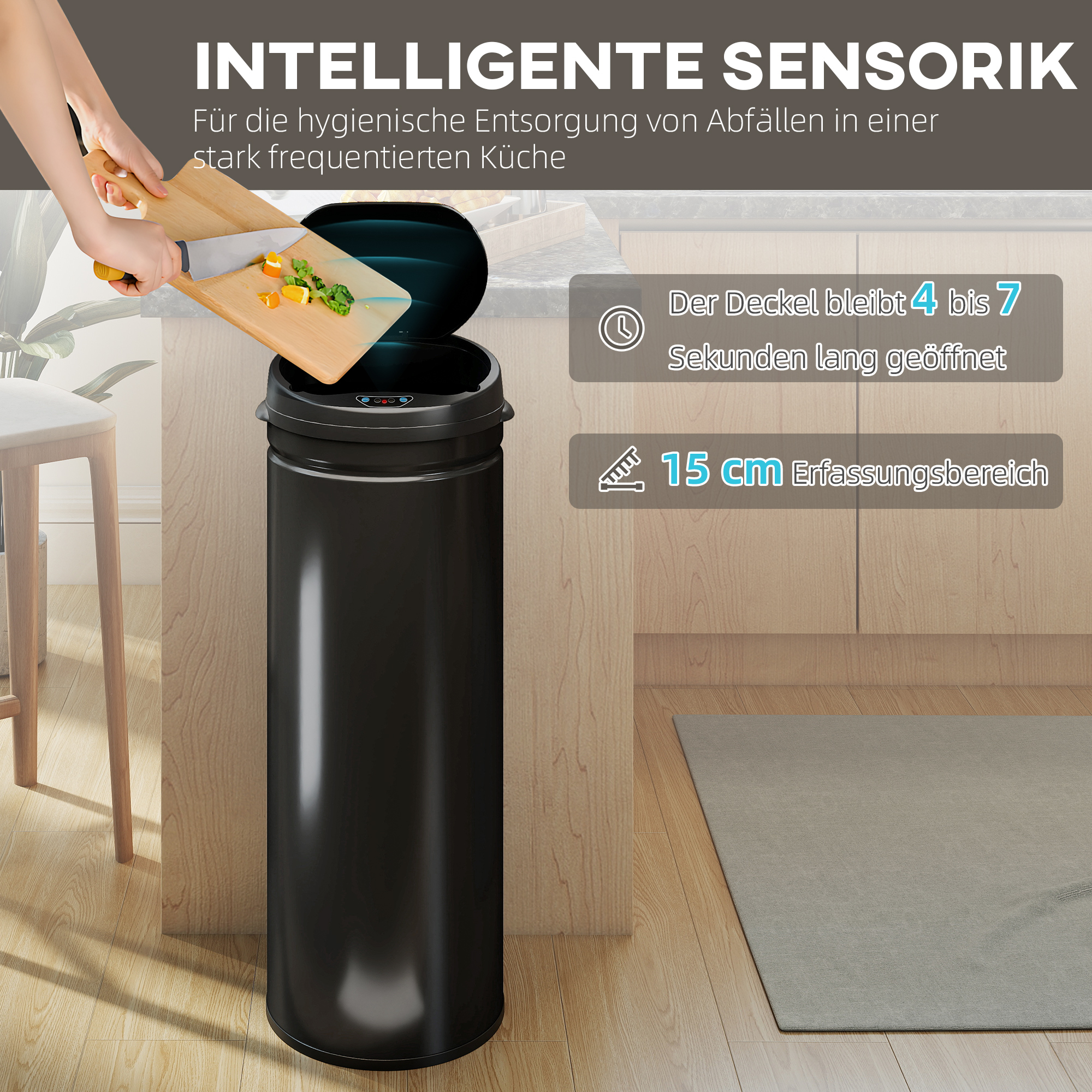 50 Liter Sensor-Mülleimer mit Soft-Close-Funktion, berührungsfreier Abfalleimer aus Edelstahl für hygienische Küchen