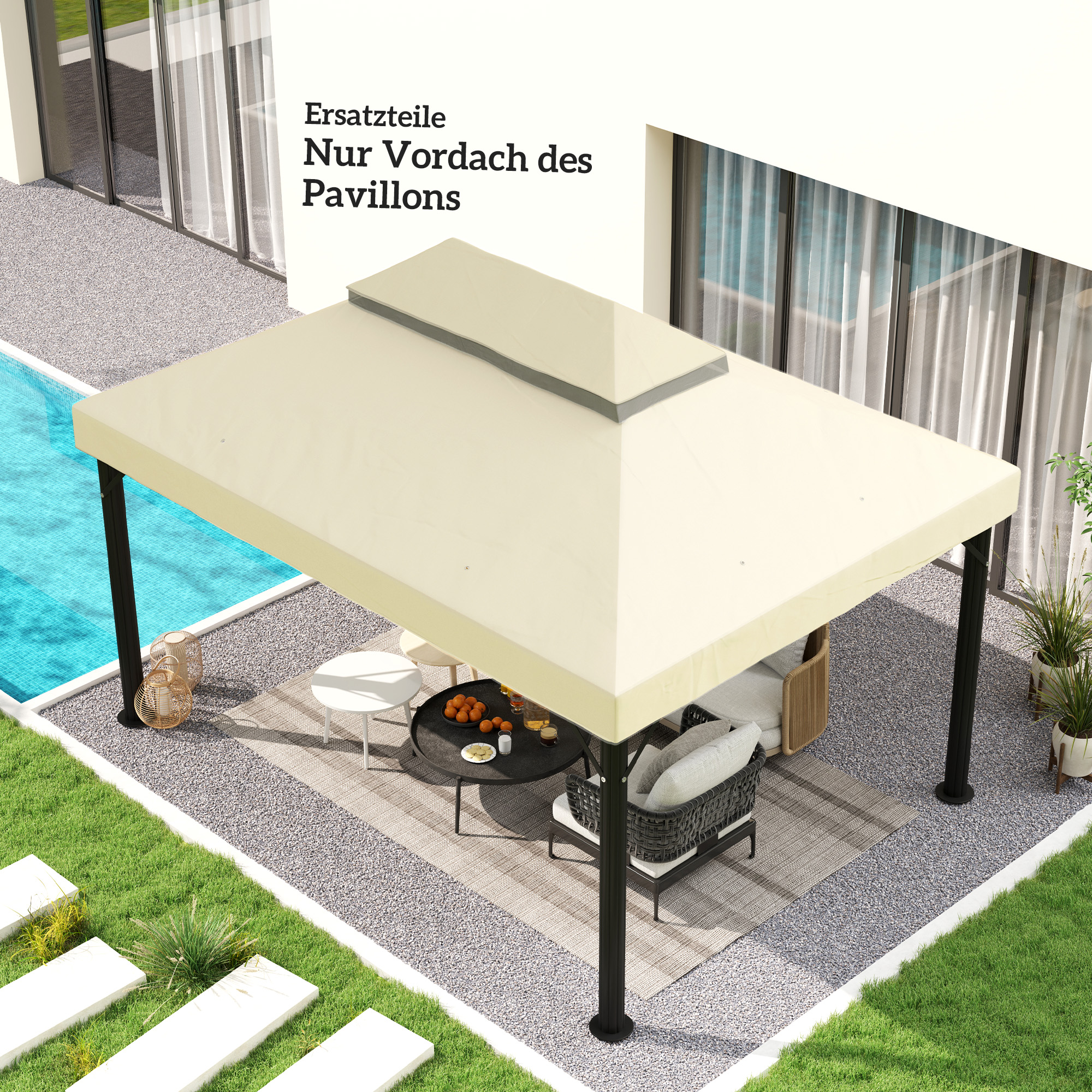 Pavillon-Ersatzdach, 3 x 4 m, Ersatzplane mit Wasserablauf-Öffnungen, Polyester, Sonnenschutz, UPF30+, Cremeweiß