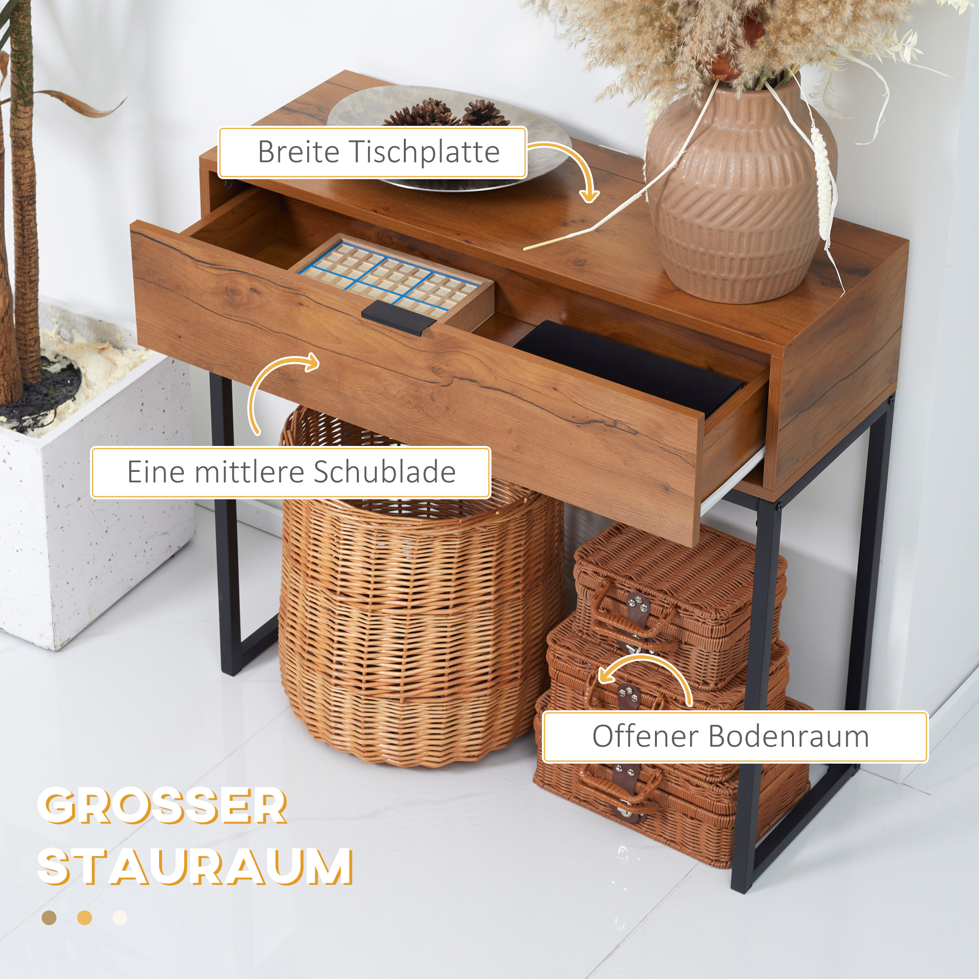 Konsolentisch im Industriedesign, Beistelltisch, Sideboard, 1 Schublade, Braun + Schwarz