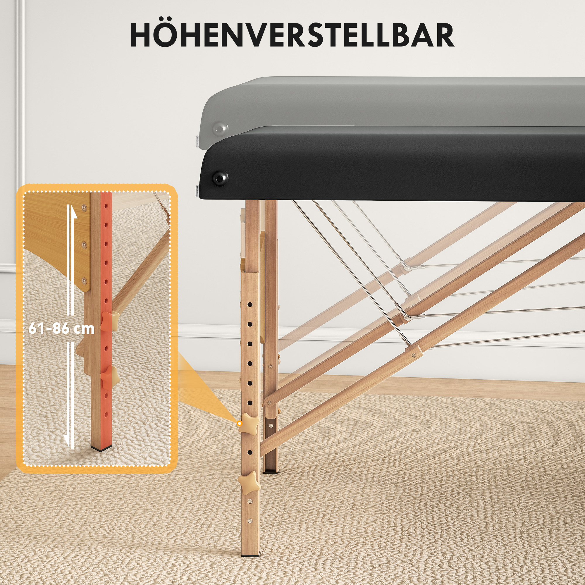 Höhenverstellbarer Massagetisch, Holzgestell, Klappbares Massagebett, Schaumstoffpolsterung, Schwarz