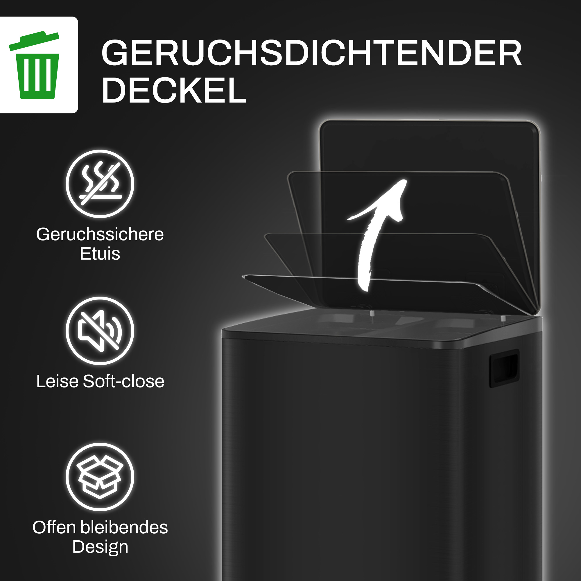 Mülleimer mit 2x25L Fächern, Soft-Close-Deckel, Fingerabdrucksicher, Edelstahl, Schwarz