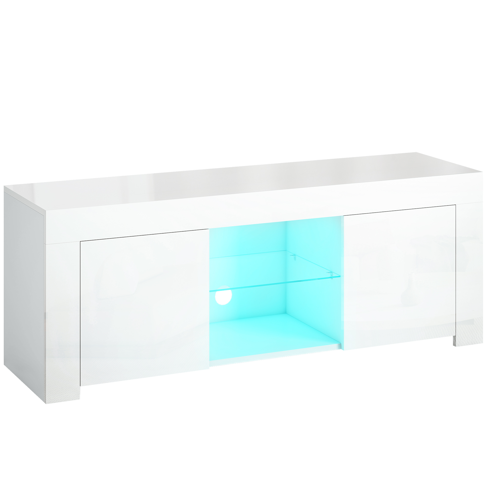TV-Schrank mit LED-Beleuchtung, 2 Schranktüren, Glasregal, Kabellöcher, für Wohnzimmer, Spanplatte, Weiß