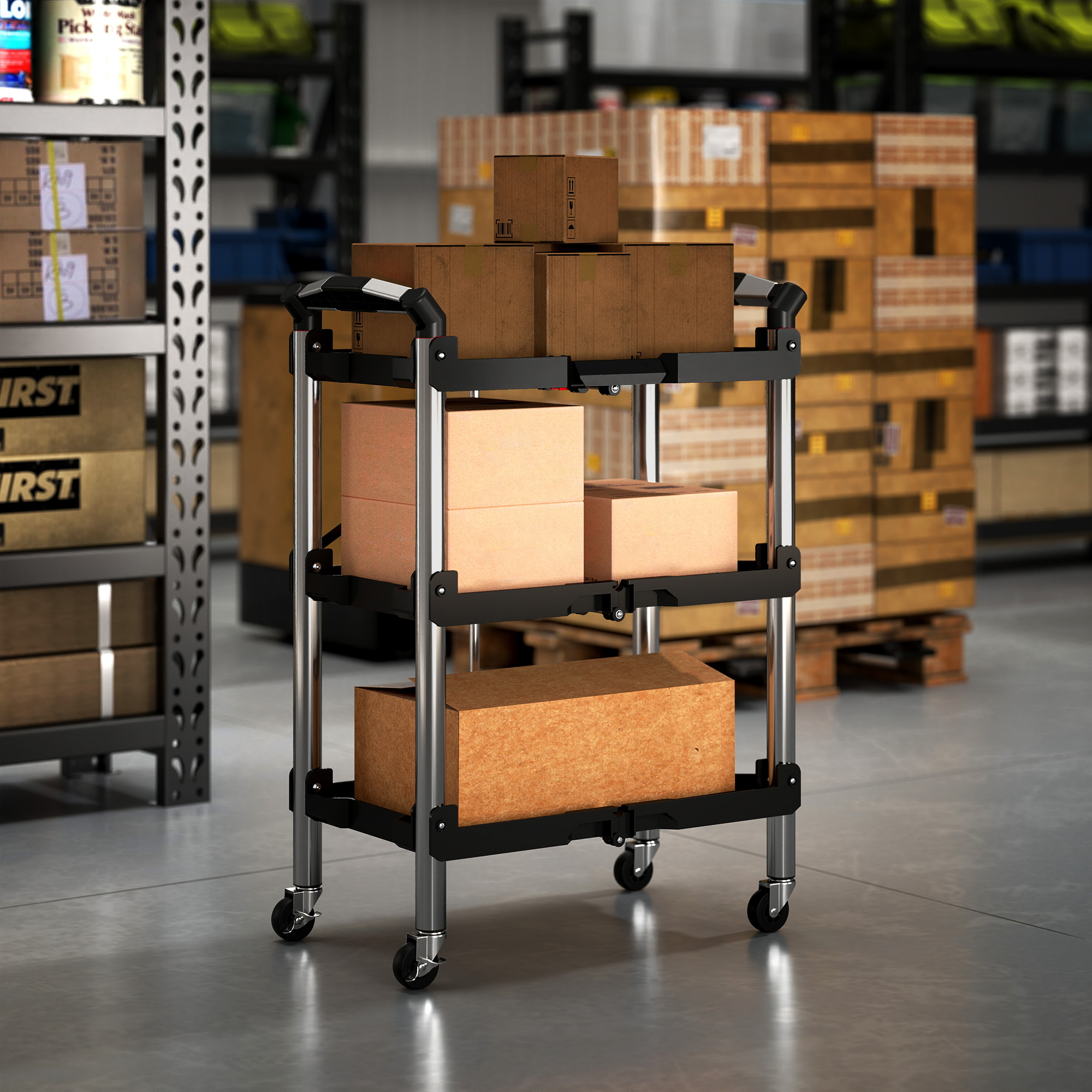 Werkzeug-Trolley, klappbarer 3-stufiger Werkzeugwagen, Kunststoff, Stahl, Schwarz