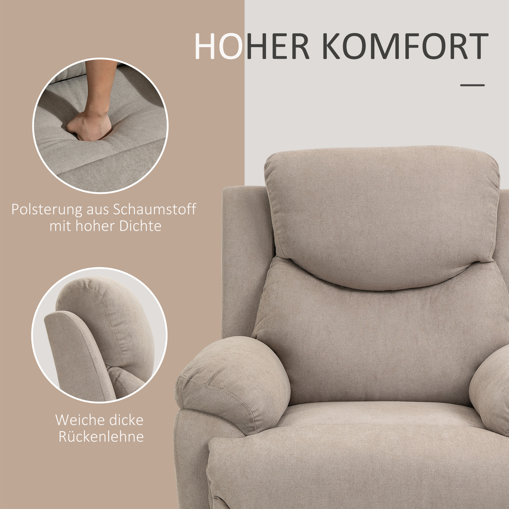 Relaxsessel Einzelsofa Liege 150° neigbarer Fernsehsessel Liegesessel TV-Sessel mit Schlaffunktion für Wohnzimmer Leinen Beige 93 x 88 x 102 cm
