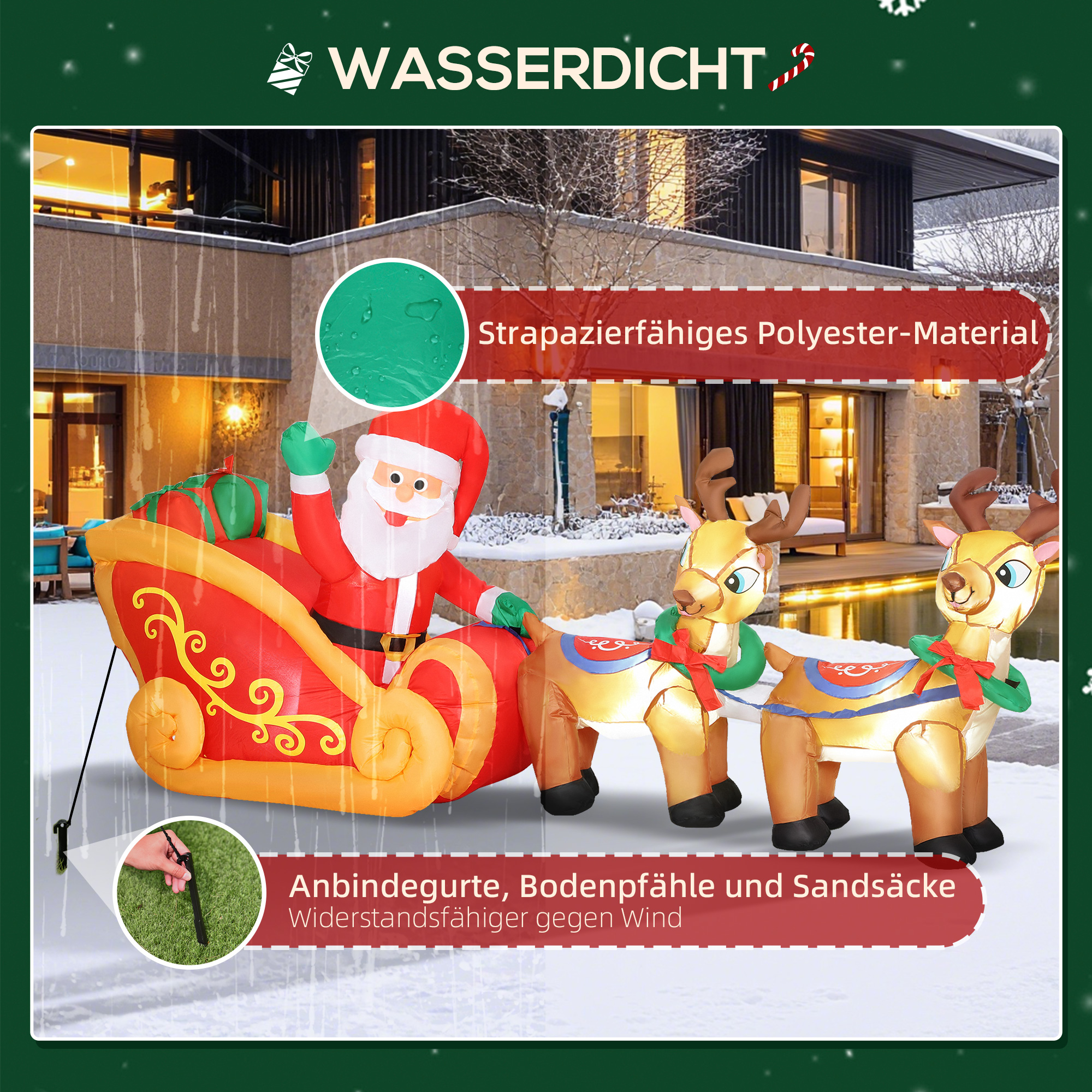 Aufblasbare Weihnachtsdekoration, Weihnachtsmann im Rentierschlitten, Polyester