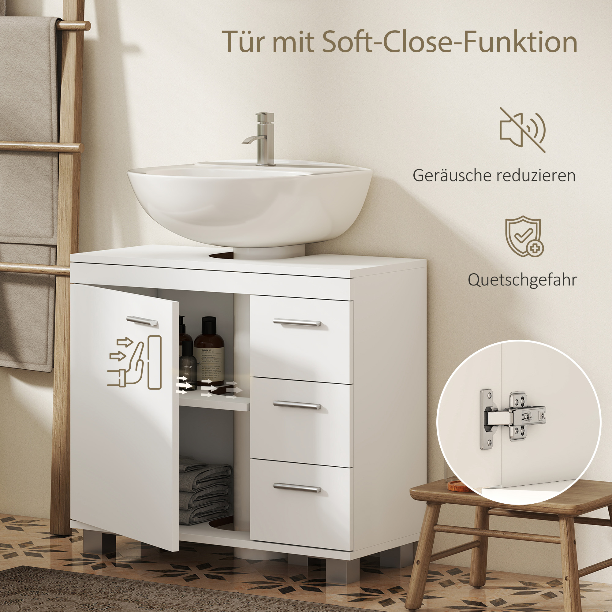 Unterschrank für Waschbecken, 2 Regale, 3 Schubladen, MDF-Struktur, Weiß