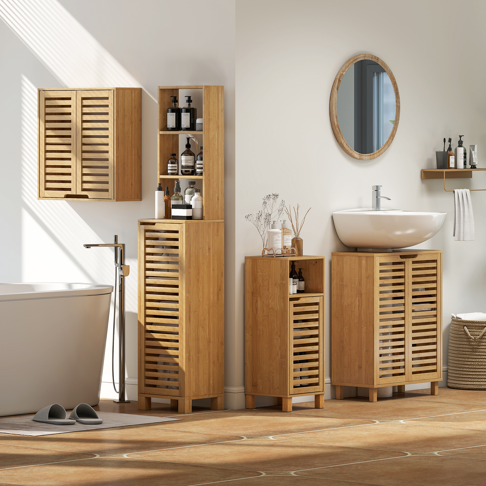 Badezimmerschrank Hängeschrank aus Bambus mit atmungsaktiv Lamellentüren, verstellbar Ablage 60 x 20 x 60 cm Naturholz