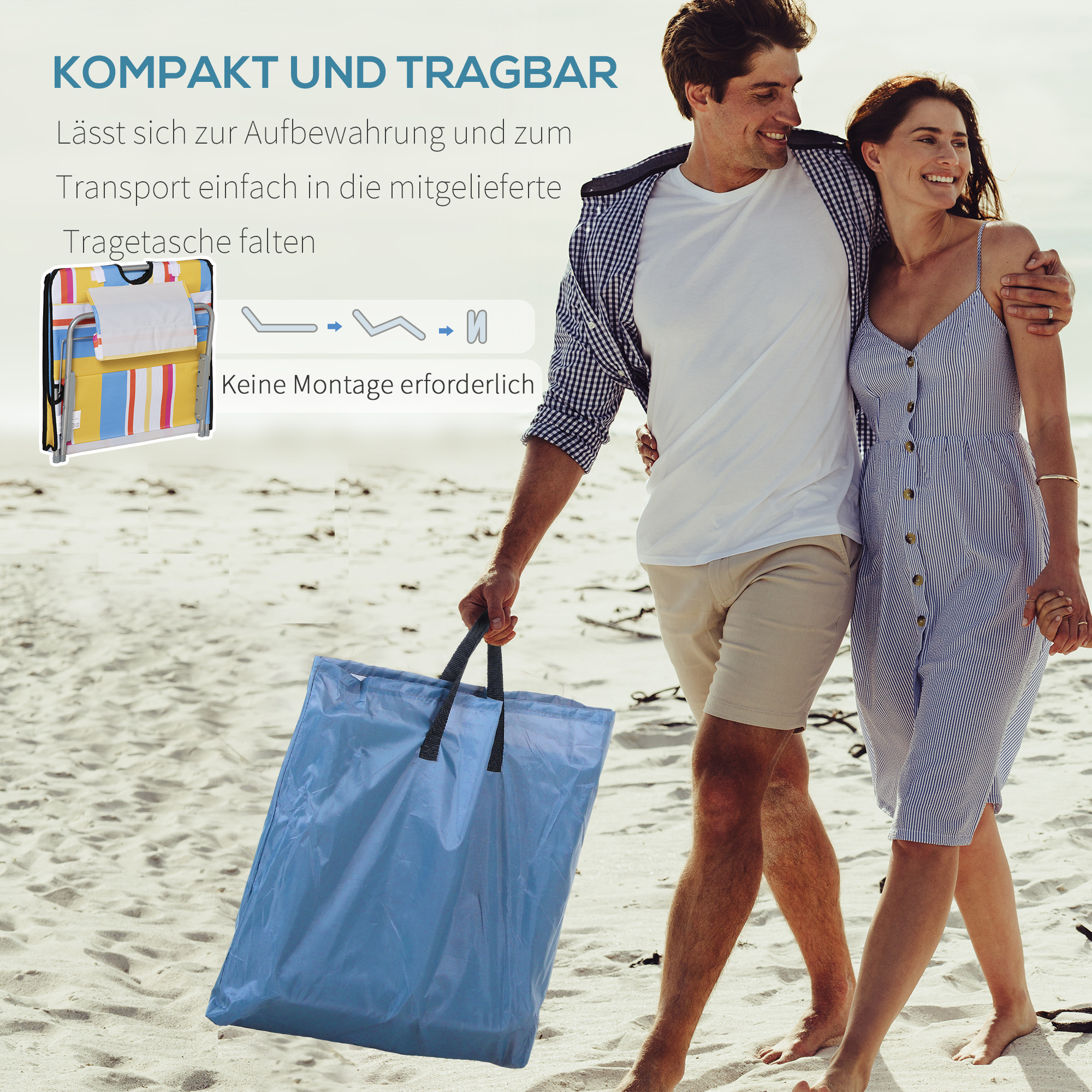 2er-Set Strandmatte, verstellbar, faltbar, 124L x 53B x 37-50H cm, Mehrfarbig