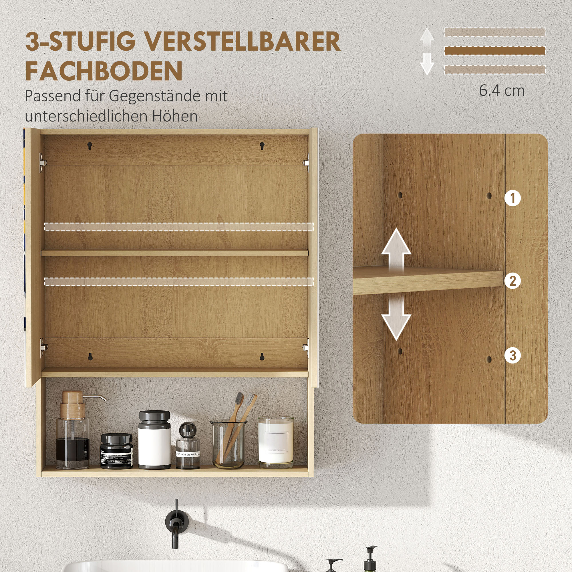 Badezimmerschrank, Spiegeltüren, offenes Regal, Wandmontage, MDF, Spanplatte, Eiche