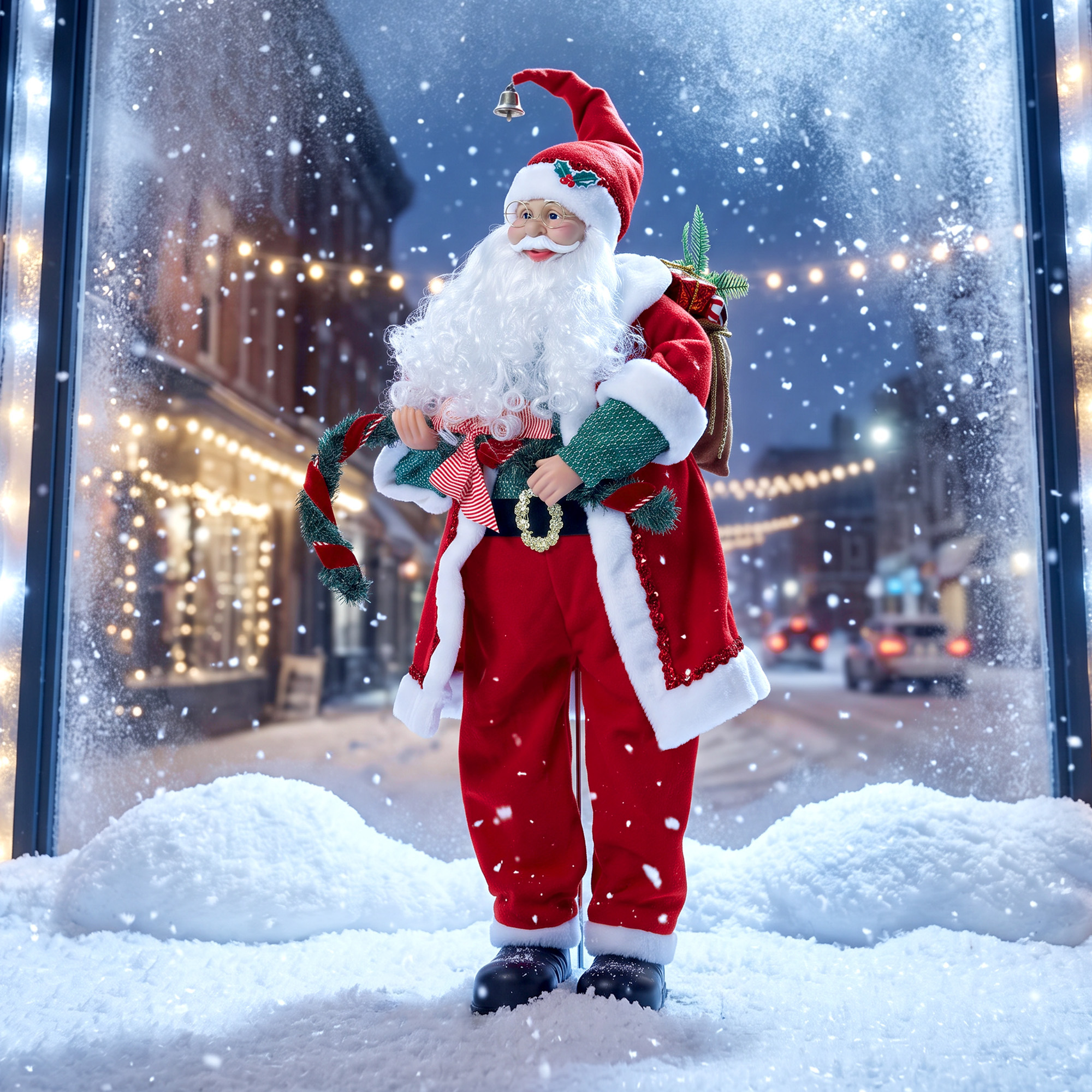 Singender & tanzender Weihnachtsmann, 120 cm, stehende animierte Weihnachtsfigur mit Girlande & Sack, per Sound/Berührung aktiviert