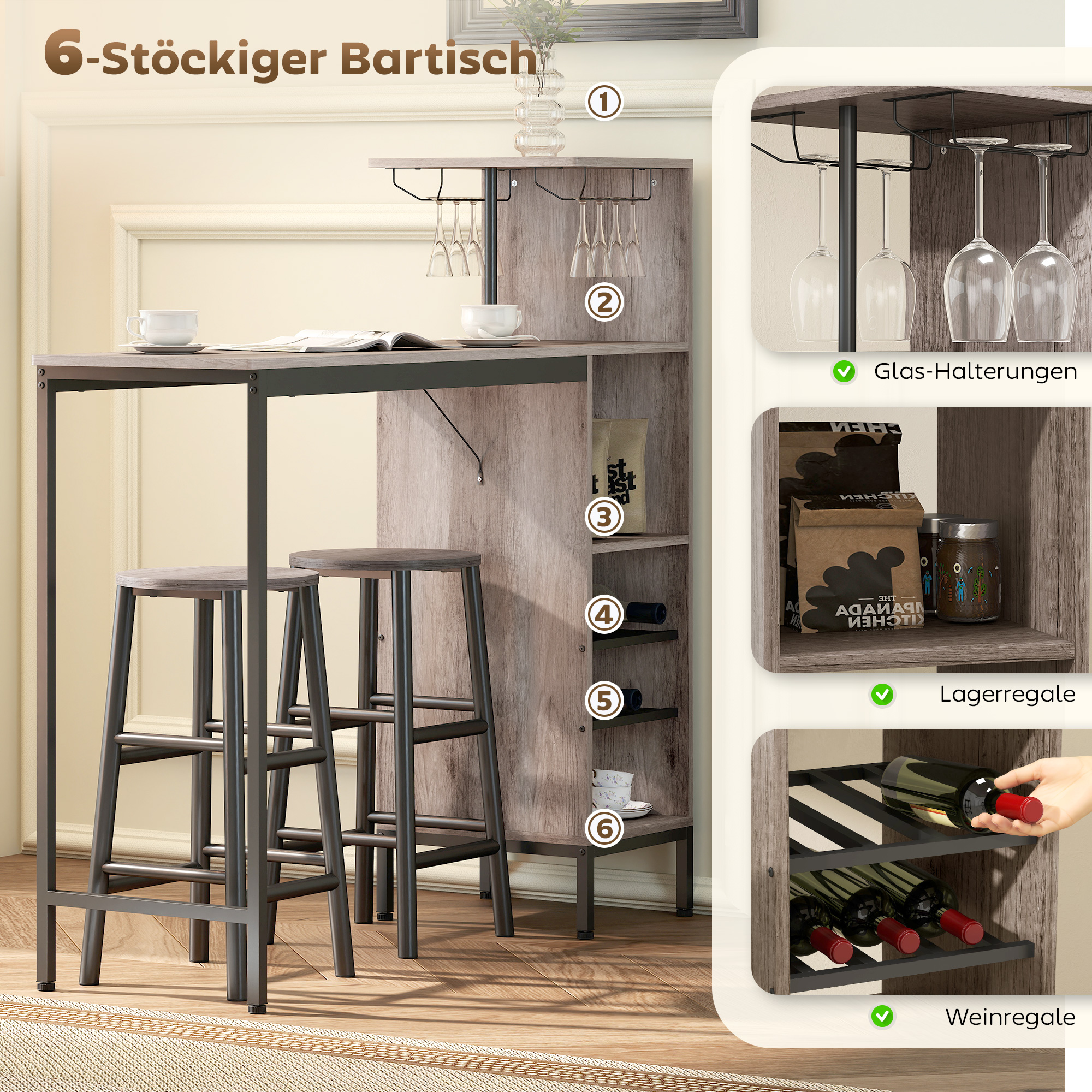 3-tlg. Bartisch-Set mit Stauraum, Weinregalen, Glashaltern, Hockern mit Fußstütze, für kleine Räume, Grau
