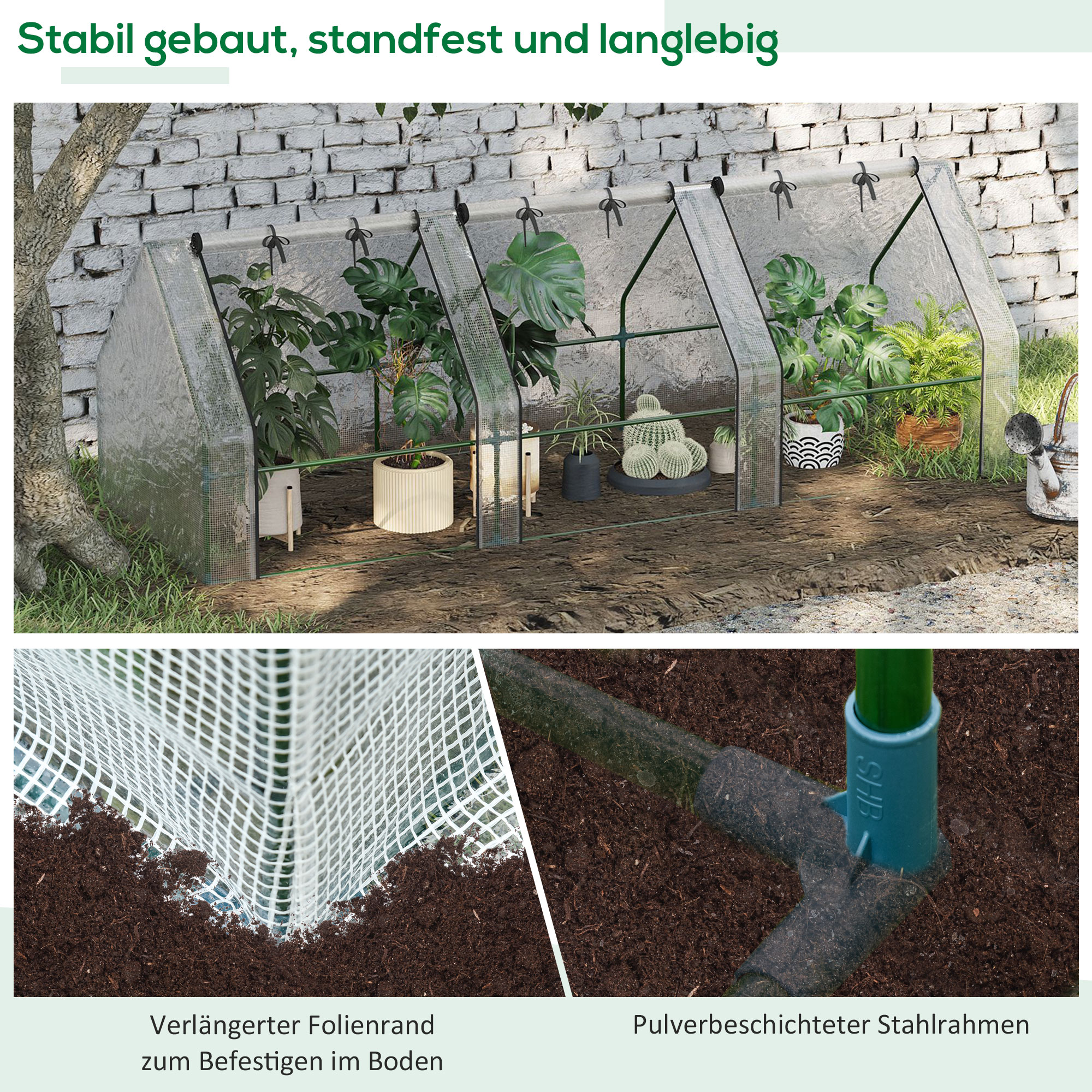 Gewächshaus mit 3 Rollfenster, PE-Gitterfolie, Foliengewächshaus aus Stahl, Treibhaus für Balkon, Garten, Tomatenhaus 270x90x90cm, Tomatengewächshaus für Gemüse, Blumen, Pflanzen, Weiß