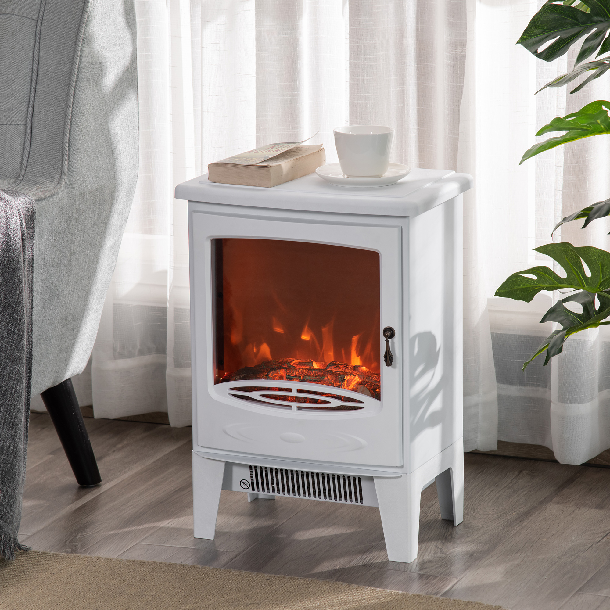 Elektrokamin mit Heizung, elektrischer Kamin mit LED Flammeneffekt, 900/1800 W Dekokamin, elektrisch Kaminfeuer Kaminofen, Weiß