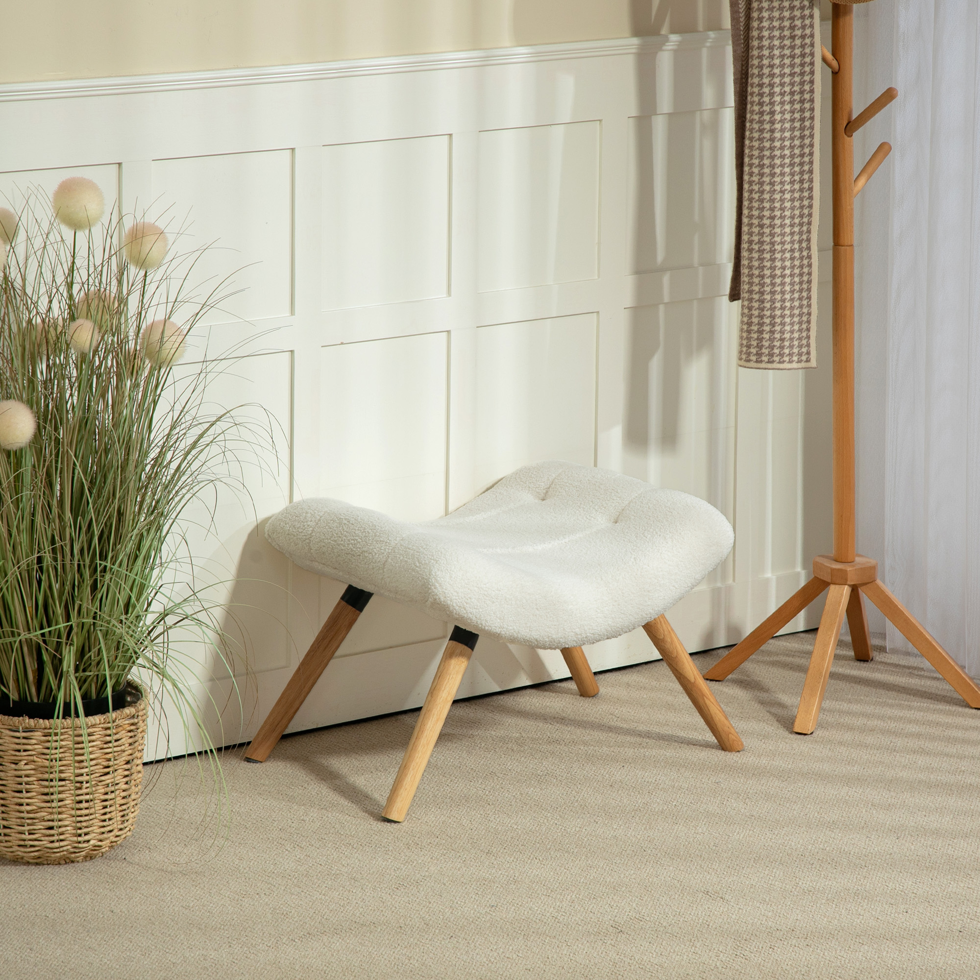 Moderner Fußhocker mit Fleece-Bezug und Holzbeinen, gepolstert, für Wohnzimmer, Schlafzimmer, Flur, Cremeweiß