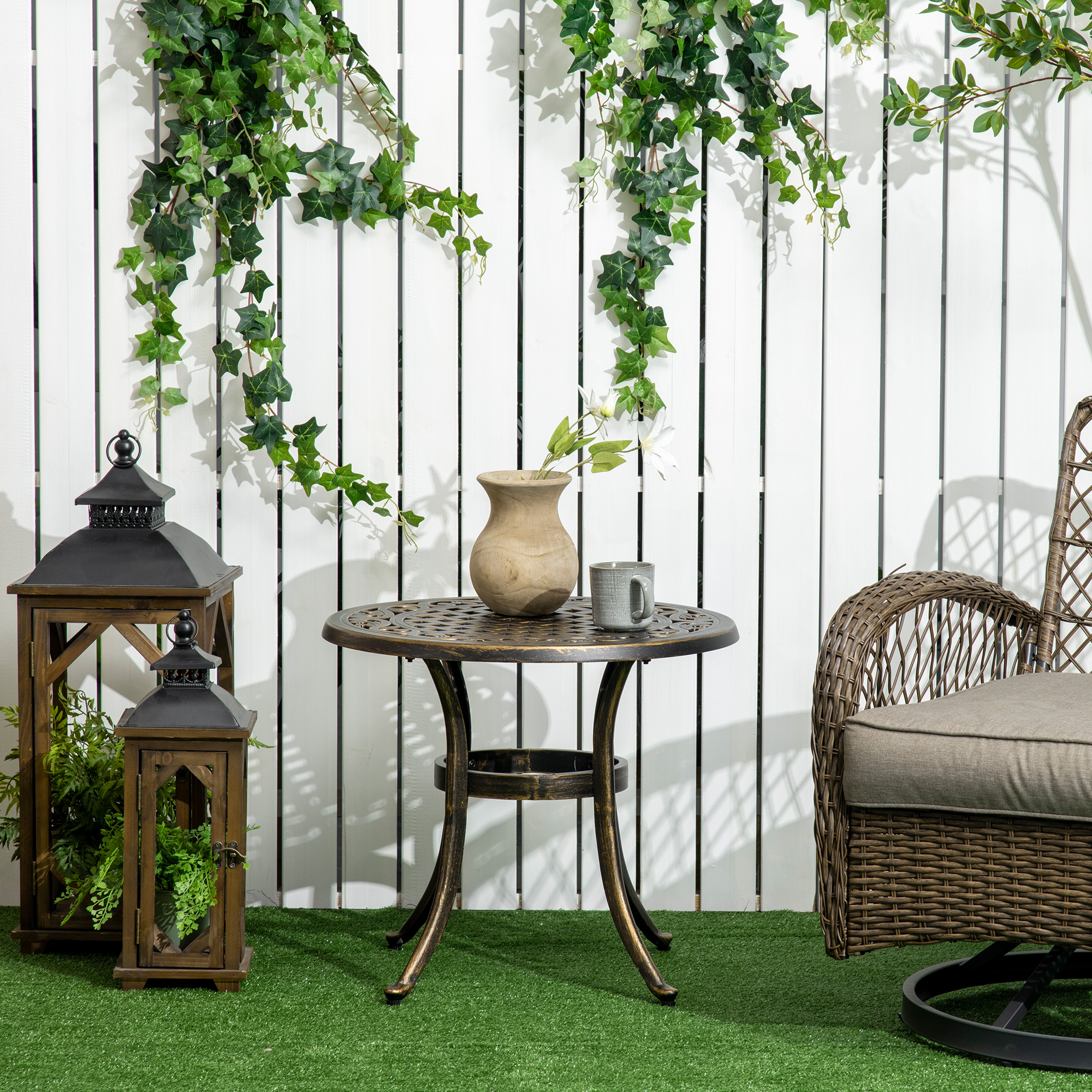 Beistelltisch Garten wetterfester Gartentisch mit Gussaluminiumrahmen, rund 60kg belastbar Ø60x52,5H cm