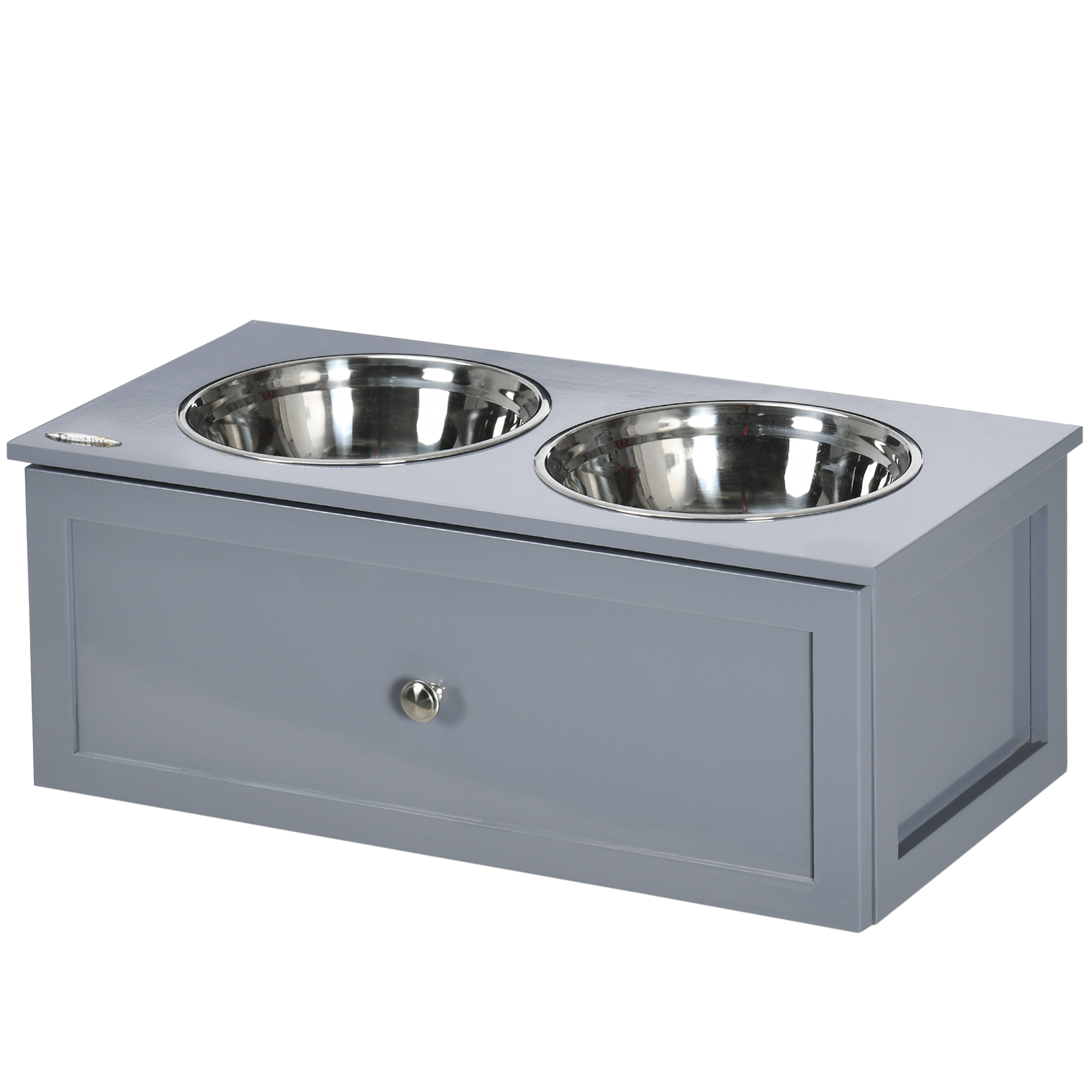 Futterstation, 2 Fressnäpfe je 2 Liter, Edelstahl, mit Schublade, für mittlere Hunde, grau, 60 x 30 x 24cm