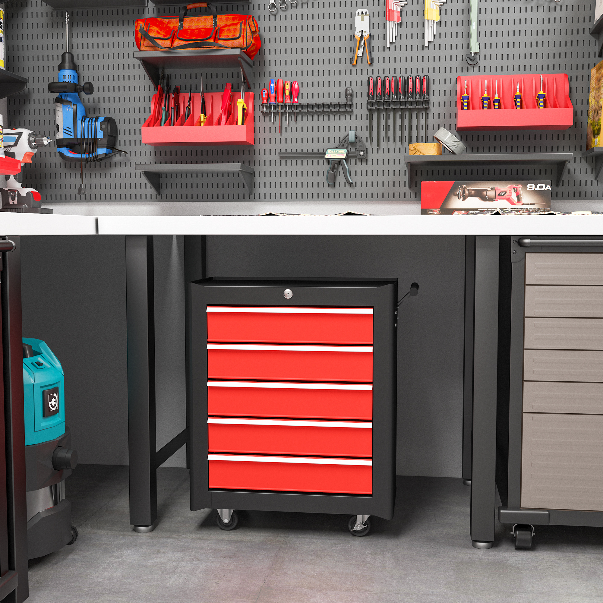 Werkzeugkiste, Werkzeugschrank, rollbar, 5 Schubladen, Stahlblech, Schwarz+Rot