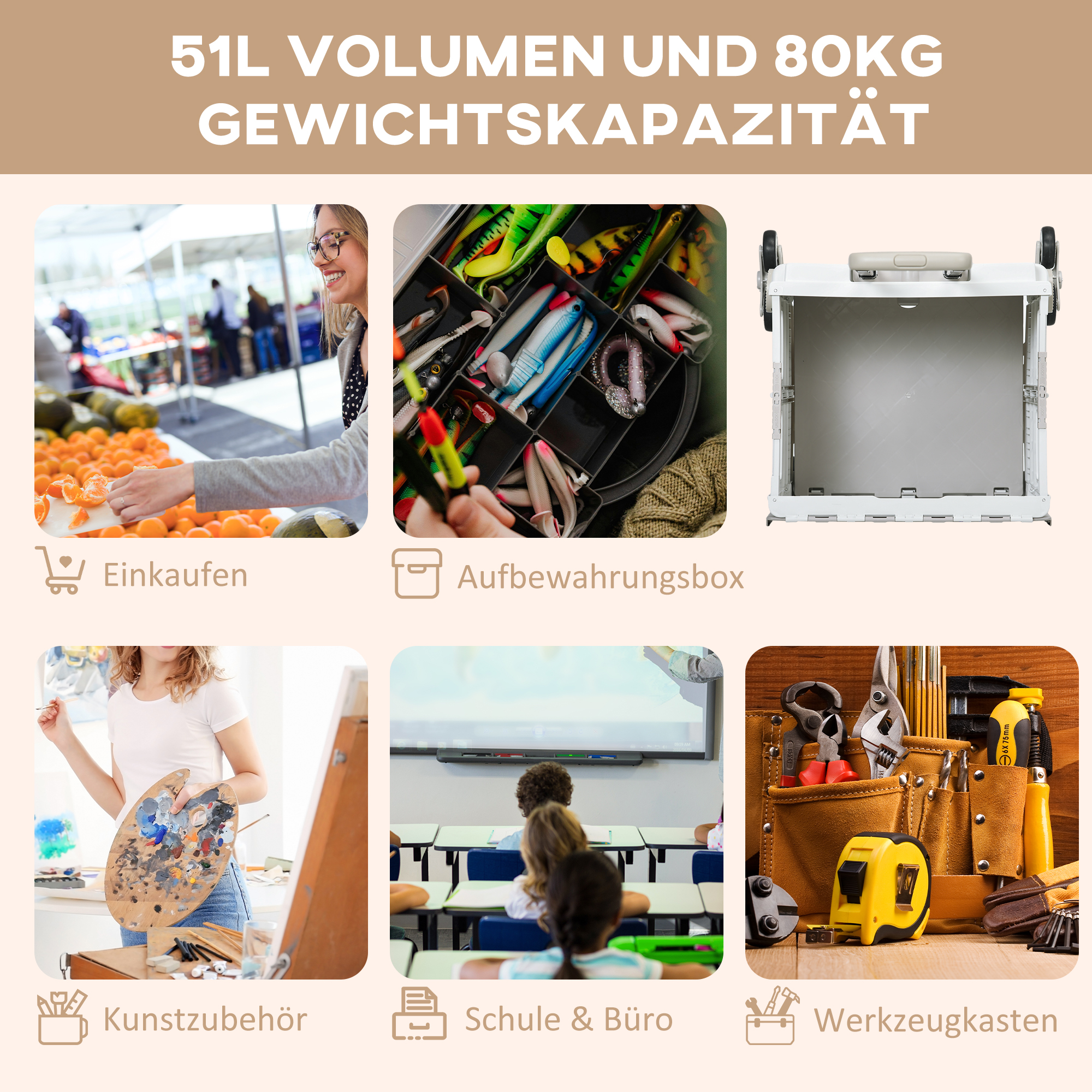 Einkaufstrolley Treppensteiger Mobile Transportbox,  klappbar, Teleskopgriff, bis max. 65 Kilo belastbar, Weiß
