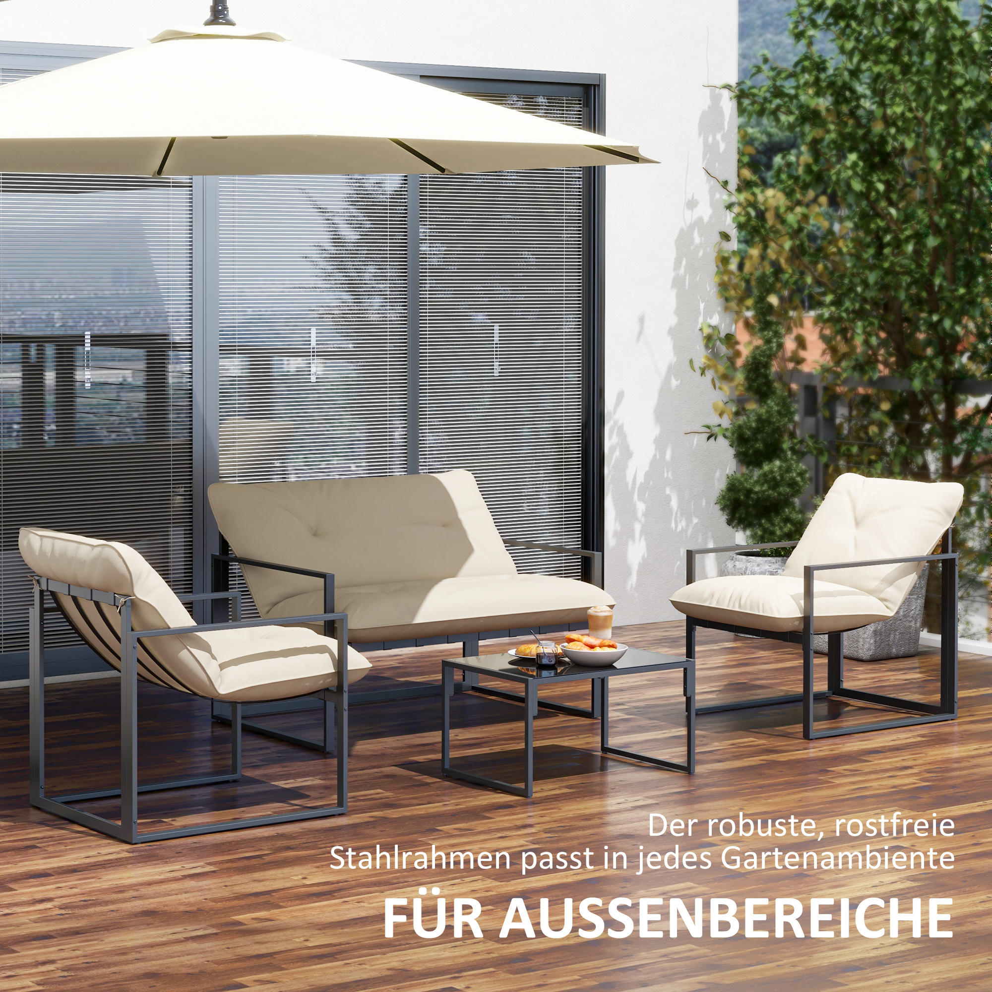 Gartenmöbel-Set, 1 Glastisch, 2 Sessel. 1 Sofa, wetterbeständig,114 cm x 70 cm x 67 cm, Grau+Beige