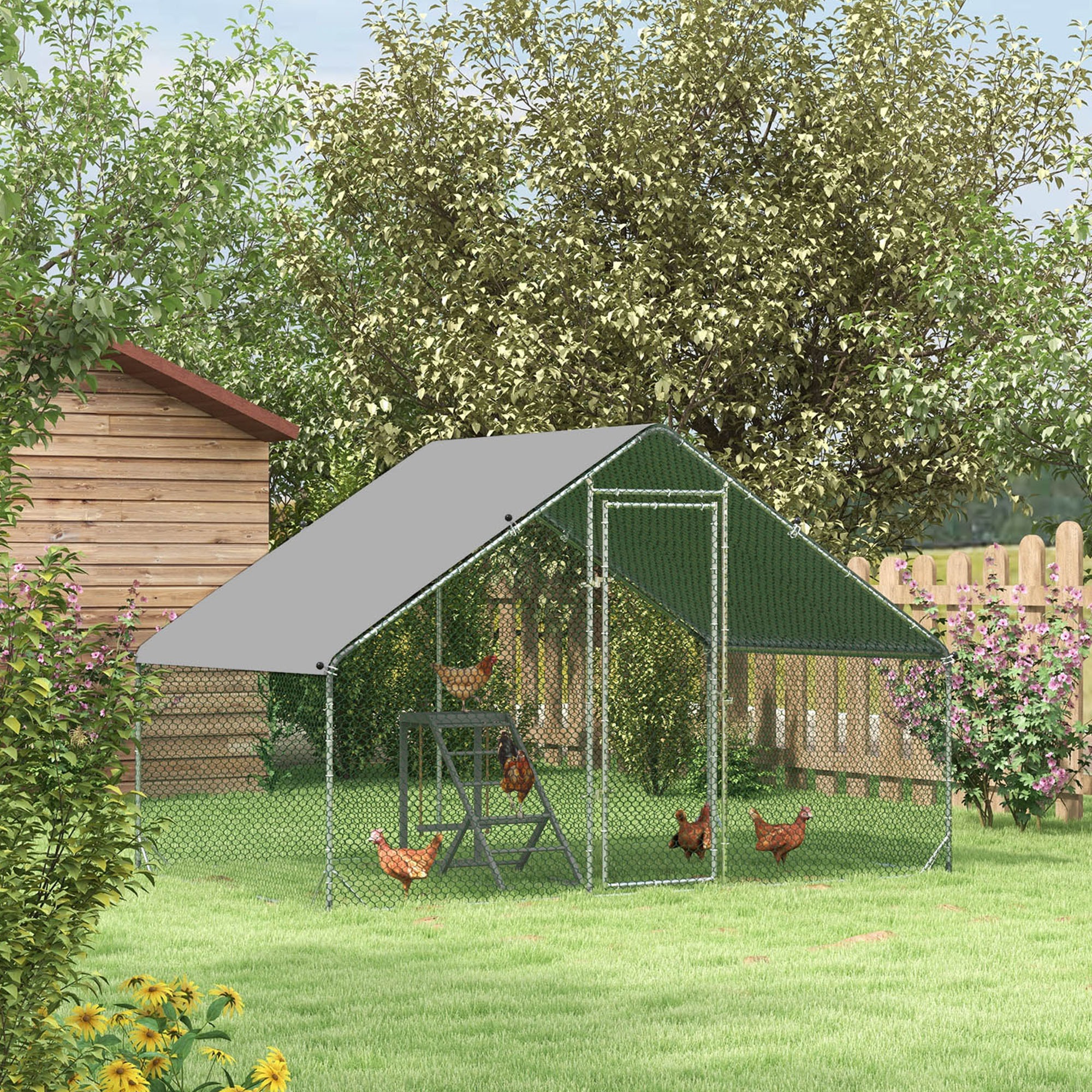 Hühnerstall, Freilaufgehege, Geflügelstall mit Schattendach, Freigehege für 4-6 Hühner, Enten Kaninchen, 3 x 2 x 2 m