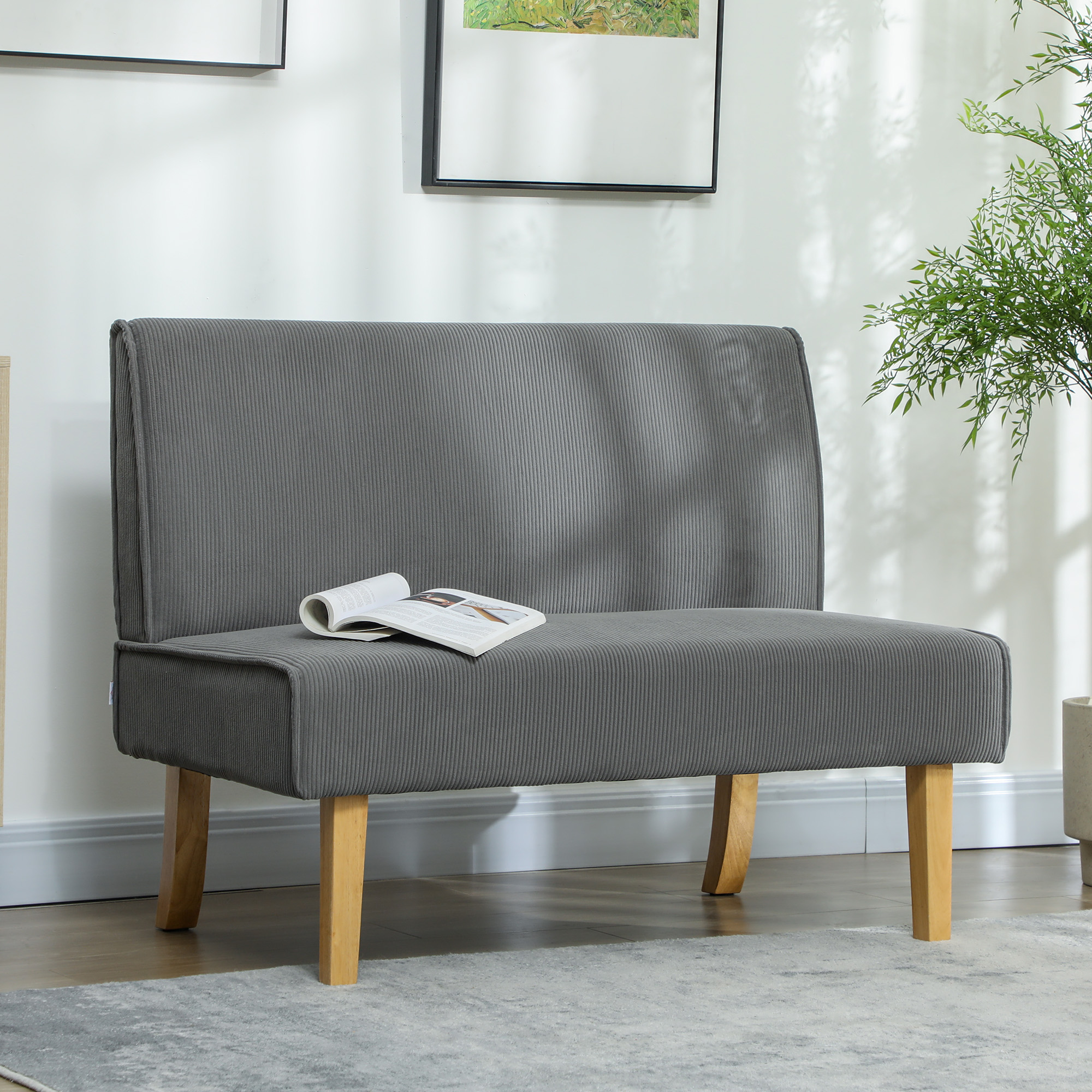 Zweisitzer-Sofa mit Cord-Bezug, dicker Polsterung und soliden Holzbeinen für Wohnzimmer, Schlafzimmer, Büro, Grau